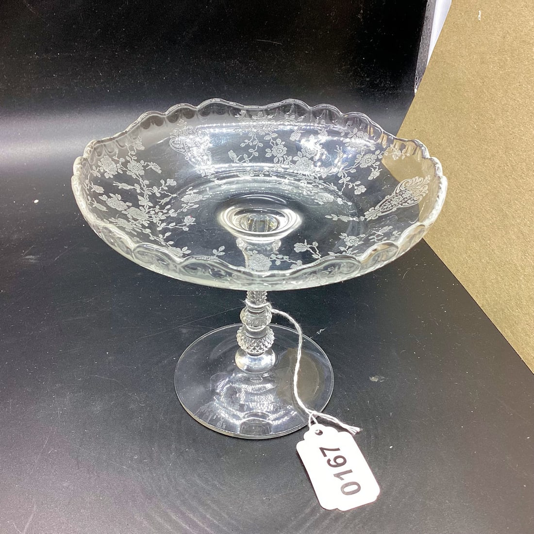 CAMBRIDGE ROSEPOINT COMPOTE SCALLOPED EDGE #3500 POPCORN STEM: 4 3/4 X 6 GOOD SHAPE