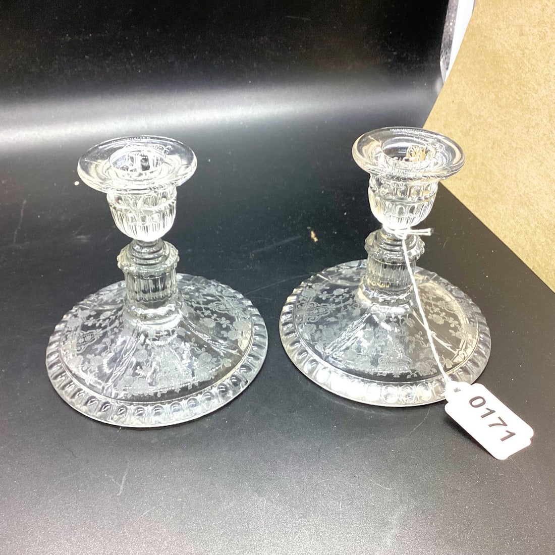 PAIR CAMBRIDGE ROSEPOINT CNDLE STICKS: 4 1/2" TALL GOOD SHAPE