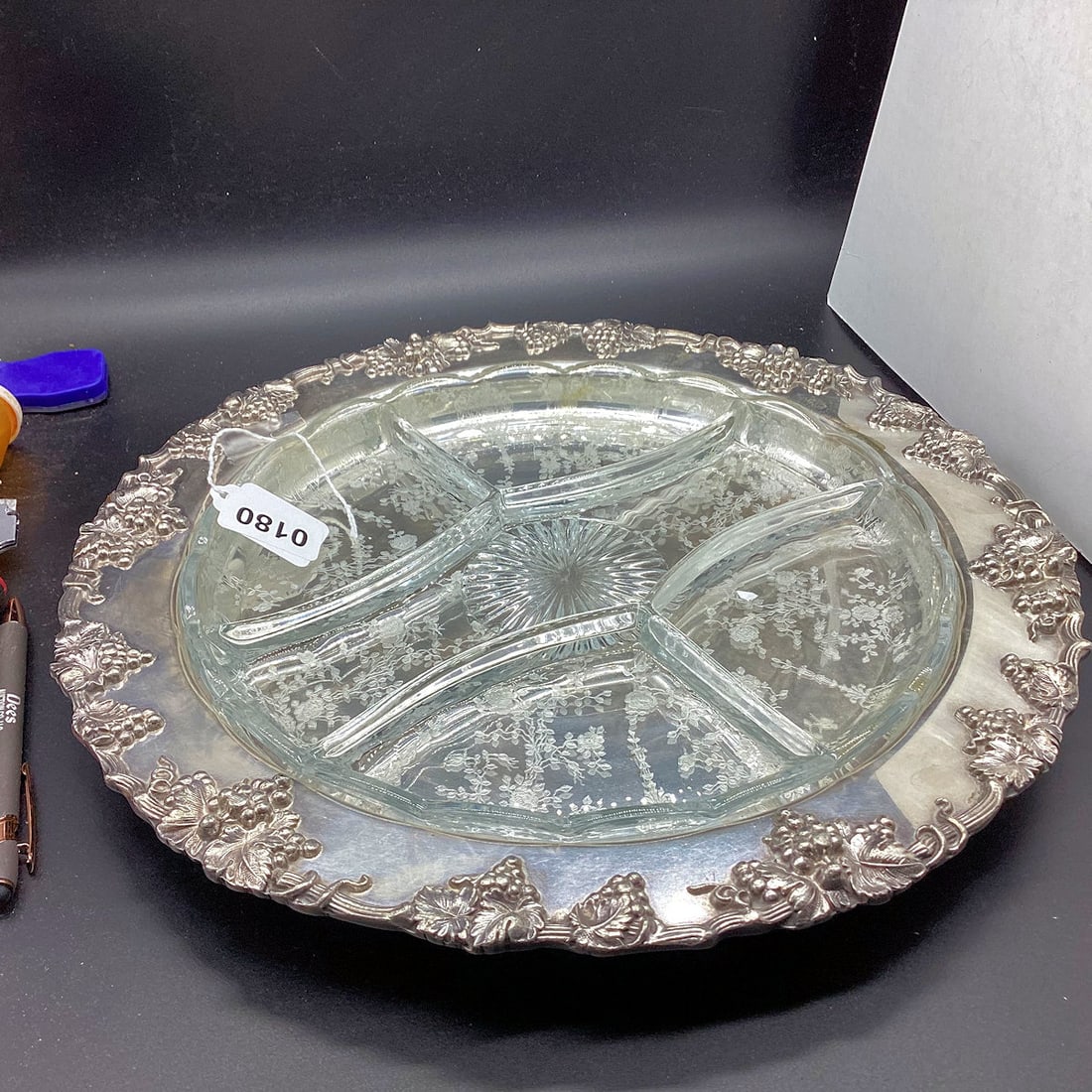 CAMBRIDGE ROSEPOINT 5 SECTION RELISH DISH IN SILVERPLATED TRAY GRAPE & LEAF PATTERN: 3 1/2" WIDE GOOD SHAPE