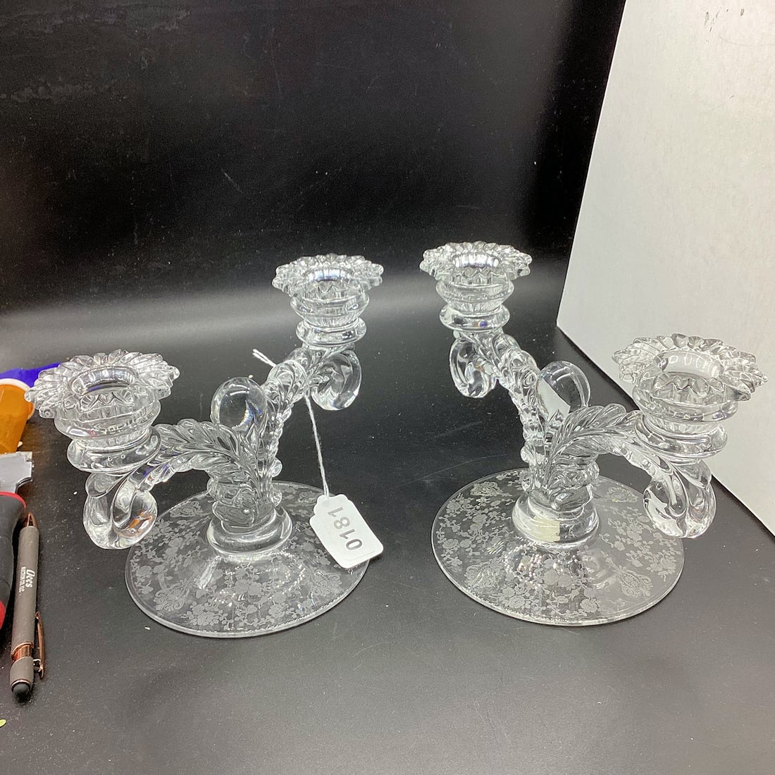 CAMBRIDGE ROSEPOINT 2 LITE PAIR OF CANDLE HOLDERS: GOOD SHAPE