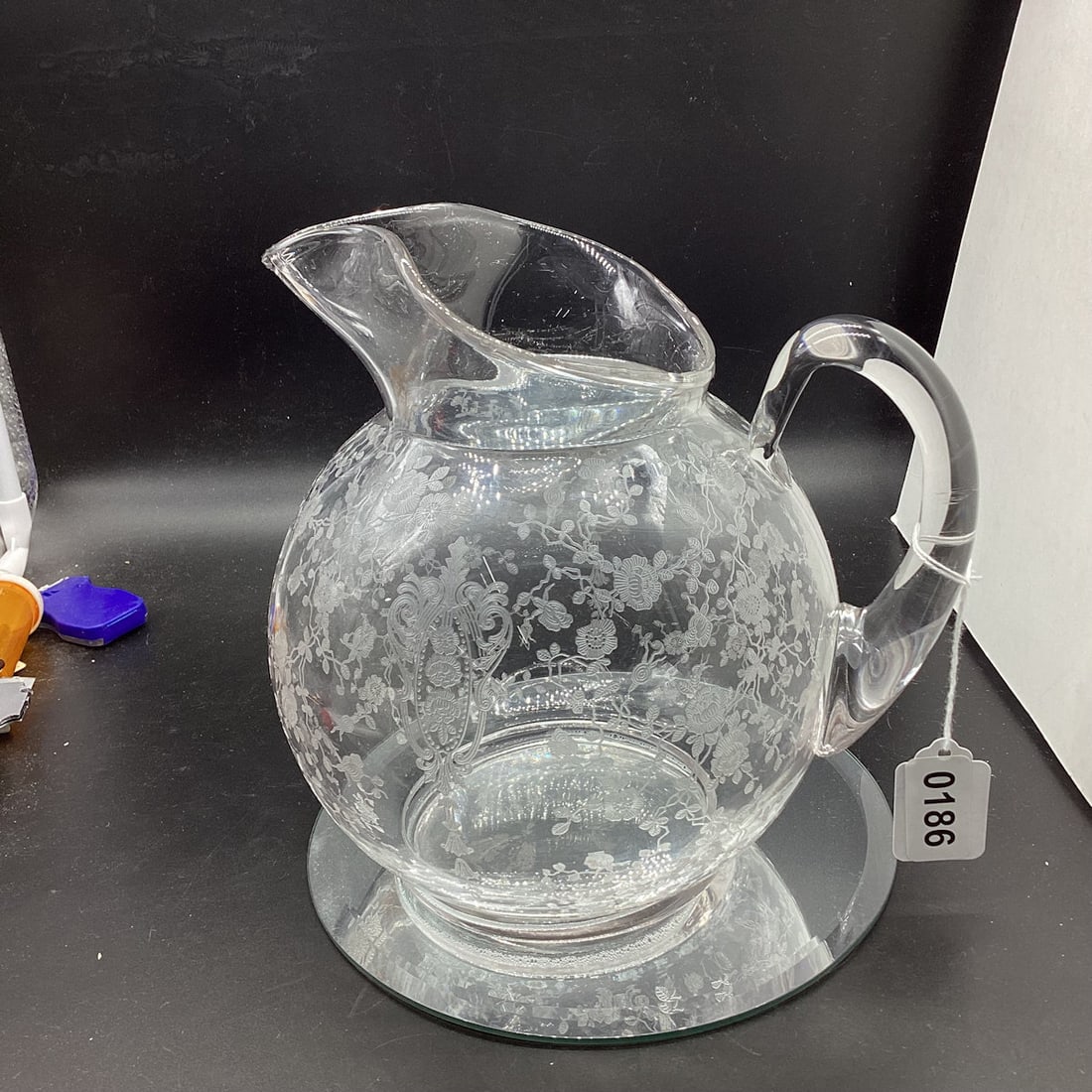CAMBRIDGE ROSEPOINT BALL PITCHER W/MODFIED HANDLE: 8 1/2" TALL GOOD SHAPE