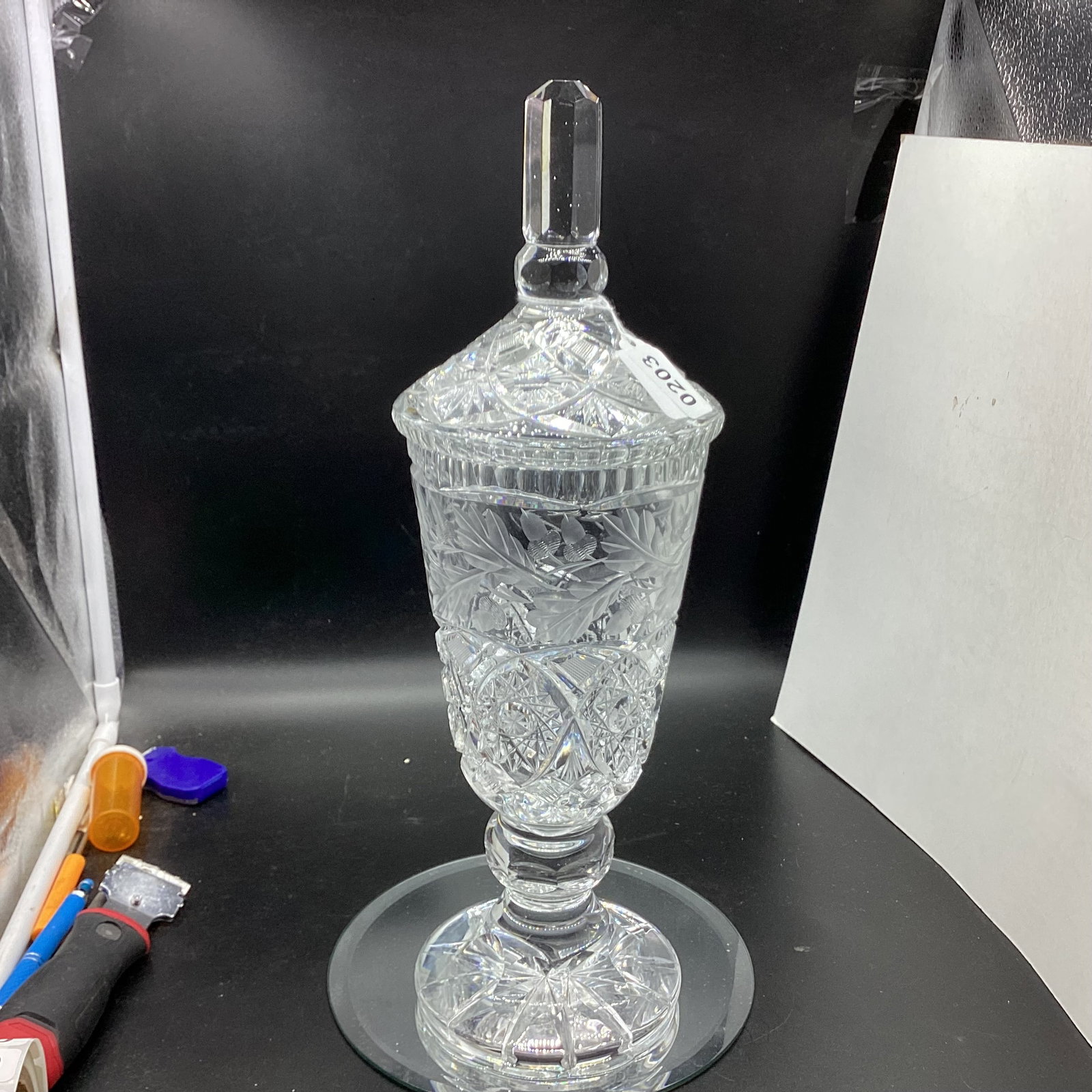 GERMAN HAND CUT LEAD CRYSTAL PEDSTAL COVERED CANDY DISH: 16" TALL X 5" WIDE GOOD SHAPE