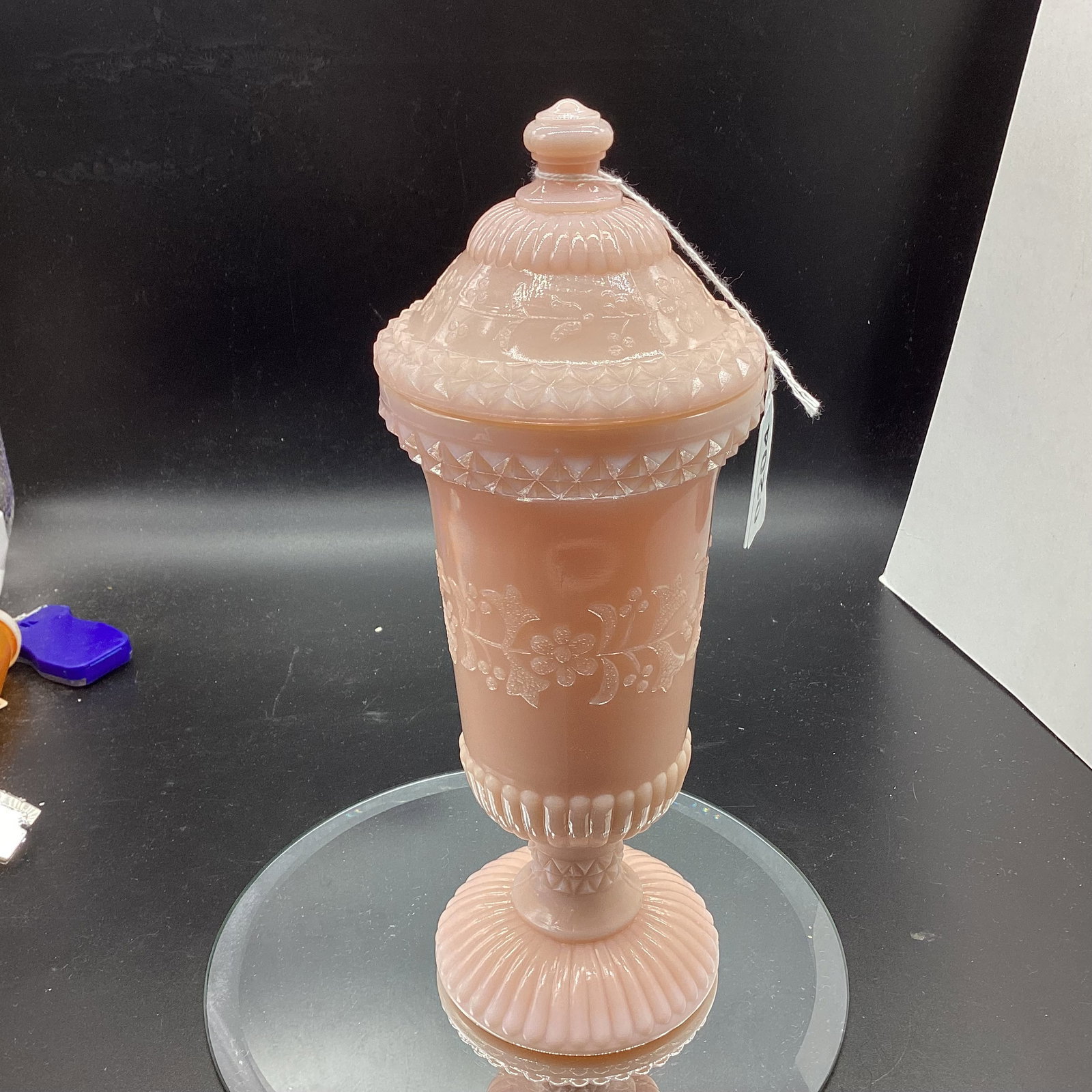 VINTAGE PINK APAQUE PINK MILK GLASS CANDY DISH: 10 1/2" TALL GOOD SHAPE