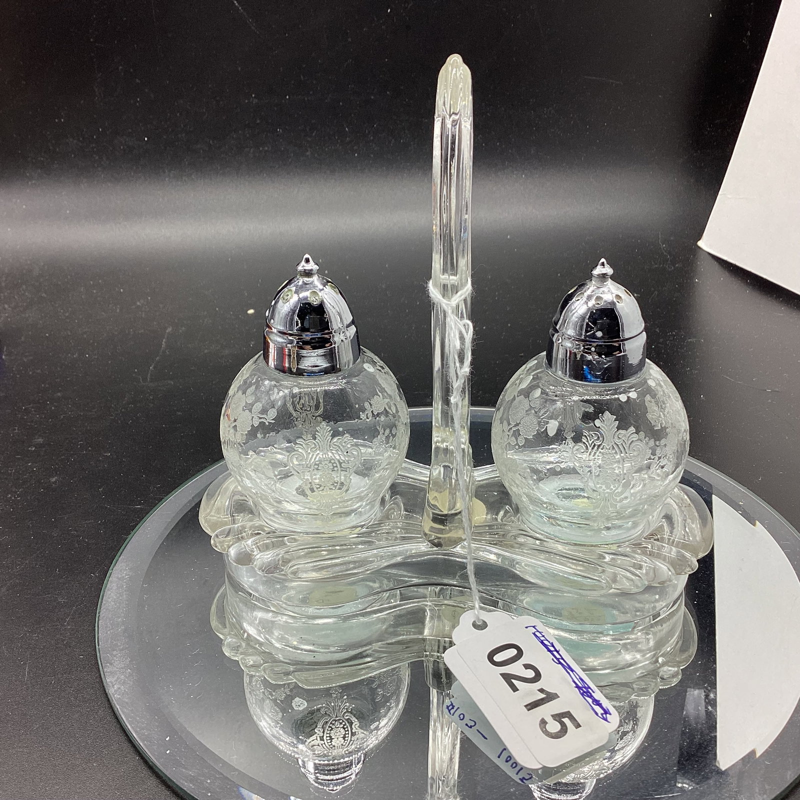 CAMBRIDGE ROSE POINT SALT & PEPPER CONDMENT SET: 5 1/4 X 5 1/2 GOOD SHAPE