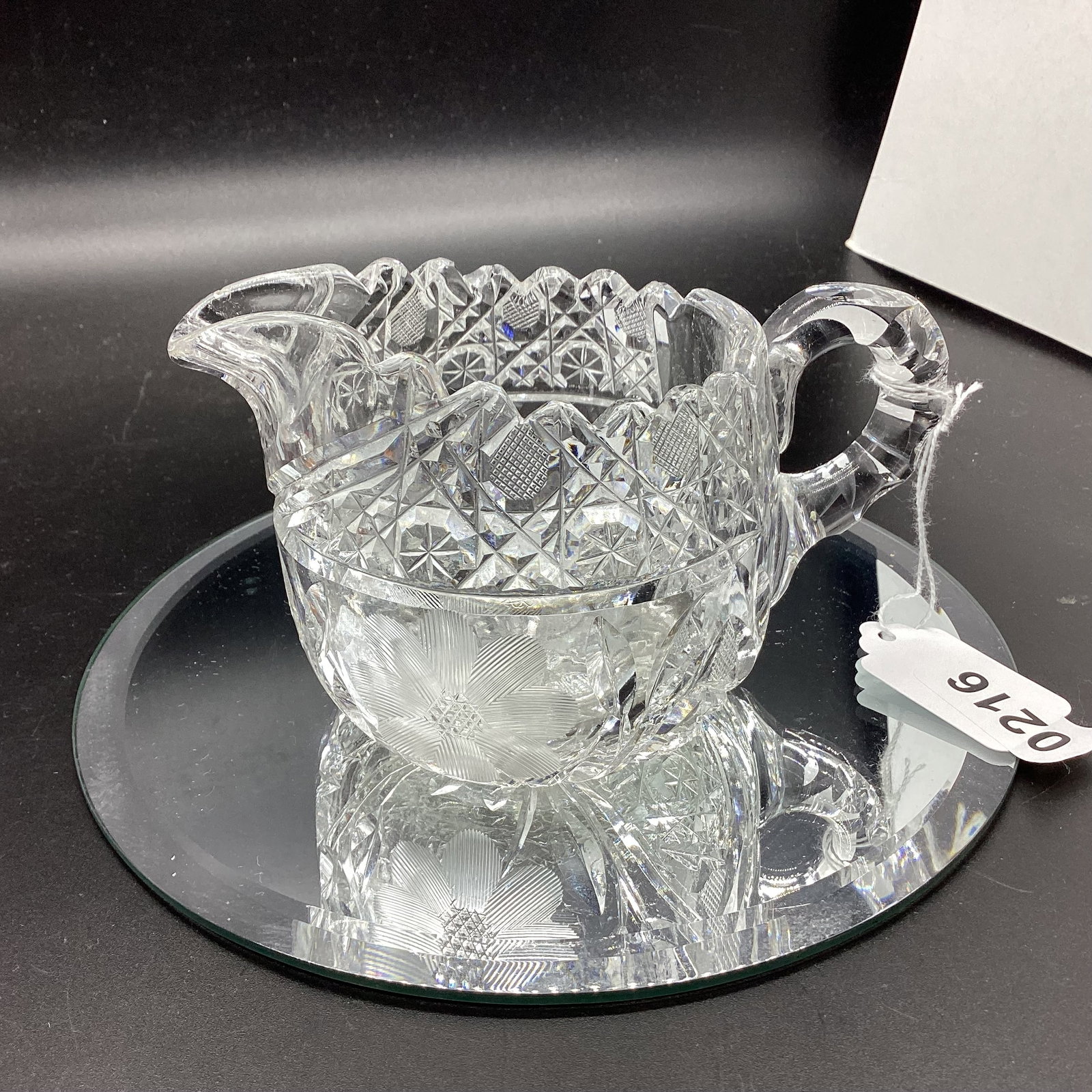 FLOWER CUT GLASS CREAMER: 3 1/2" TALL GOOD SHAPE