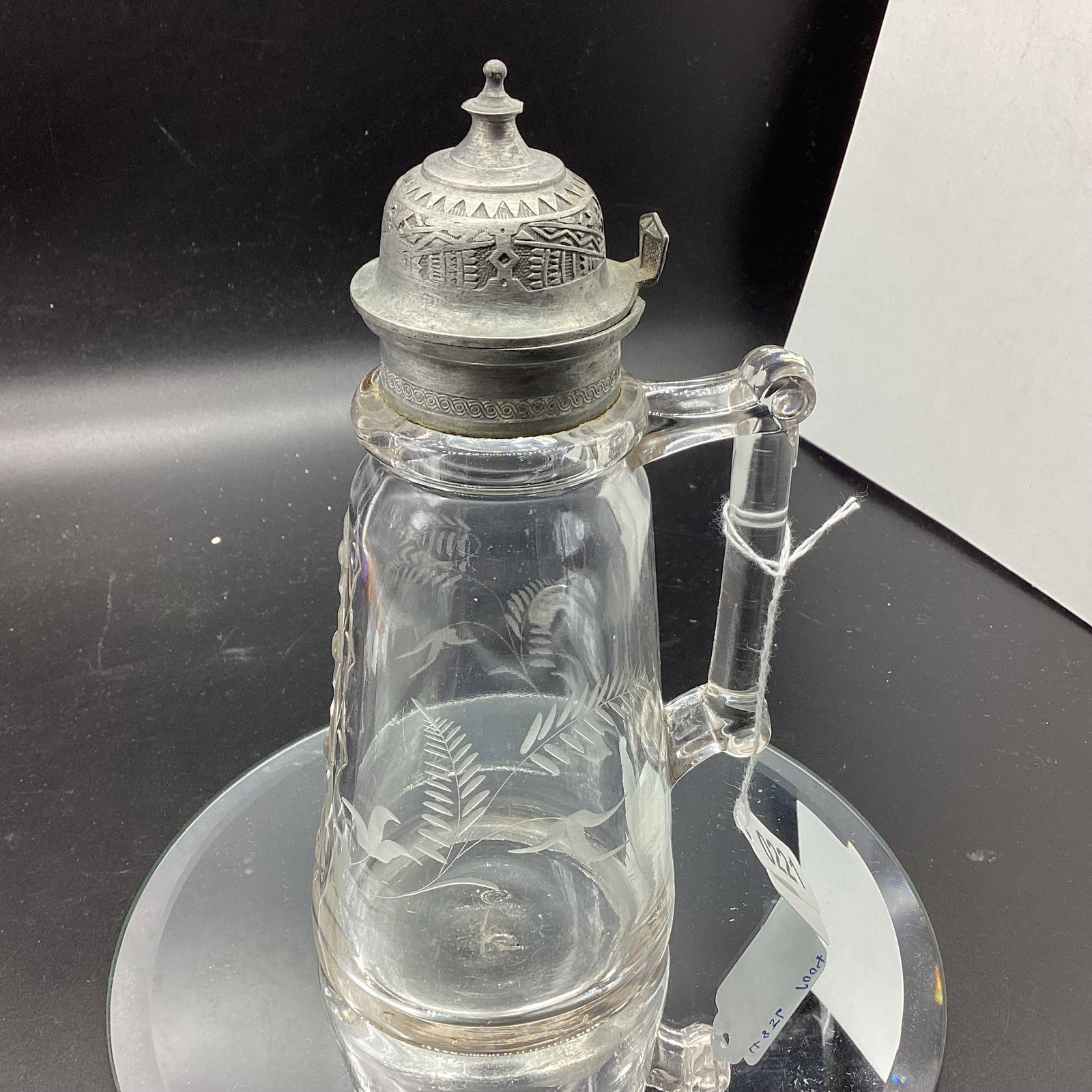 VINTAGE ETCHED SYRUP PITCHER W/PEWTER TOP PAT. JULY 10, 1872 (1 of 3)