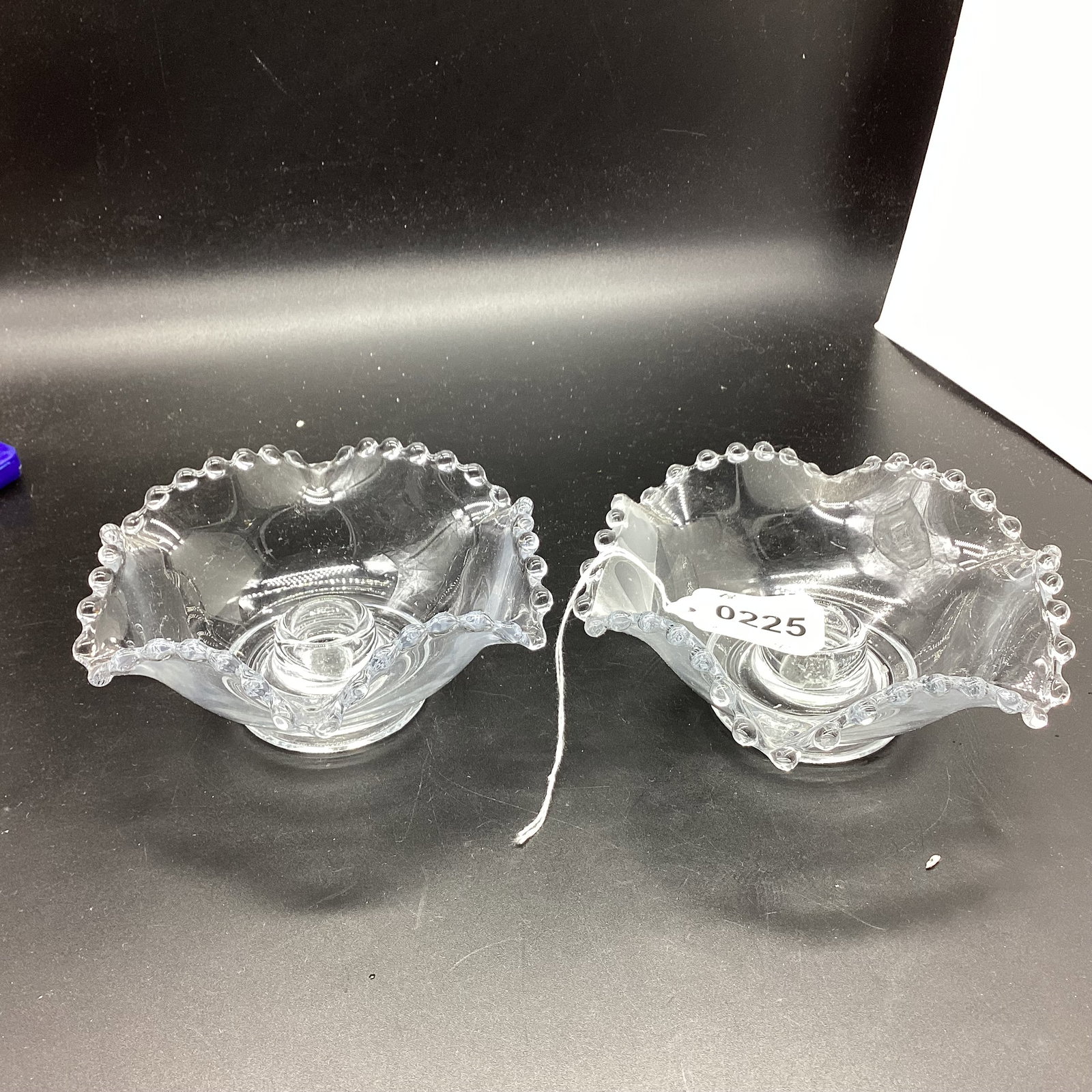 PAIR IMPERIAL CANDLEWICK CANDLE HOLDERS: 2 1/4 X 5 1/2 GOOD SHAPE