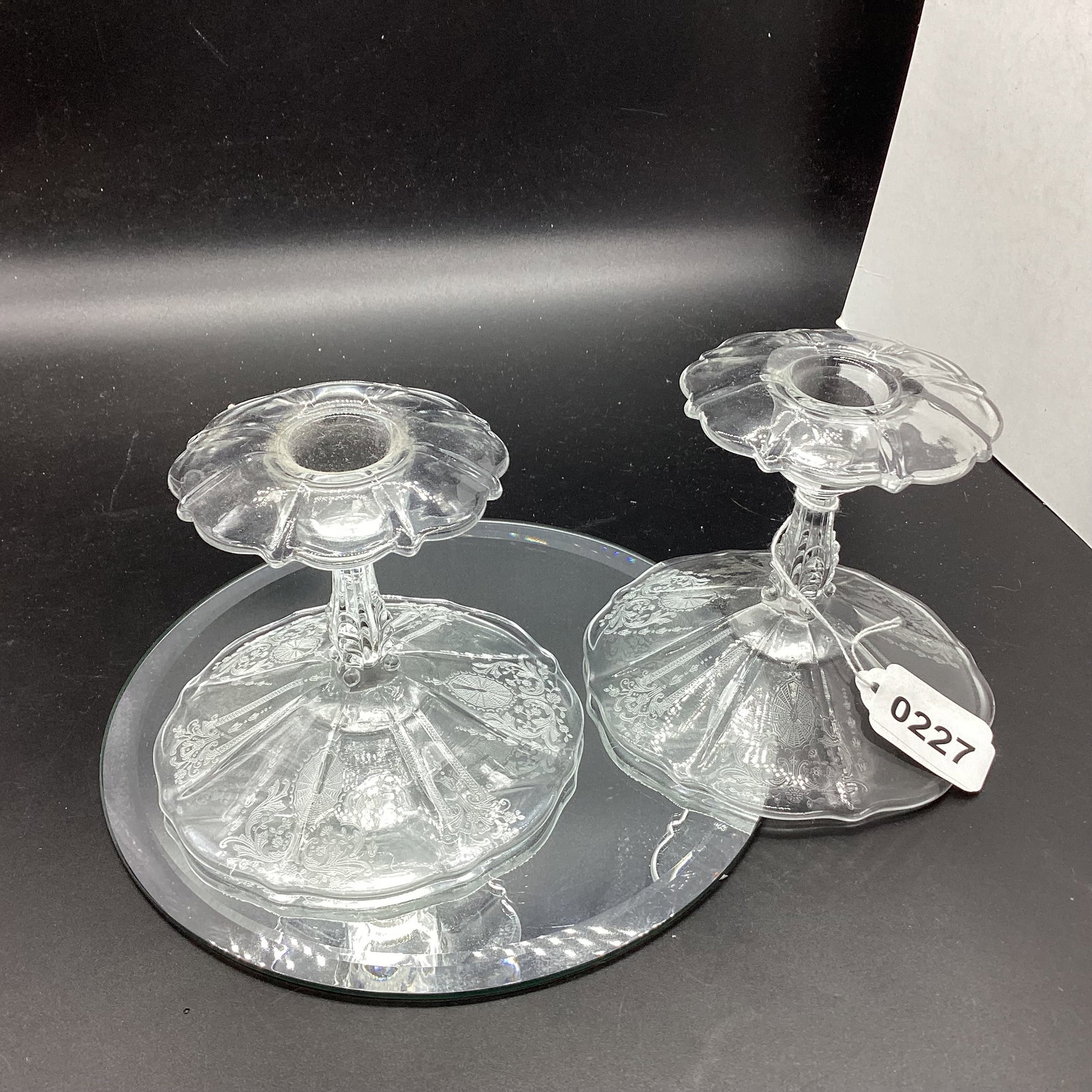 PAIR CRYSTAL CAMBRIDGE CANDLELIGHT PATTERN CANDLE HOLDERS: 4 1/4 X 4 3/4 GOOD SHAPE