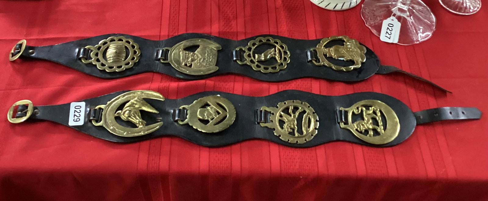 2 HORSE BRASS MADILLIONS ON LEATHER STRAP (1 of 2)