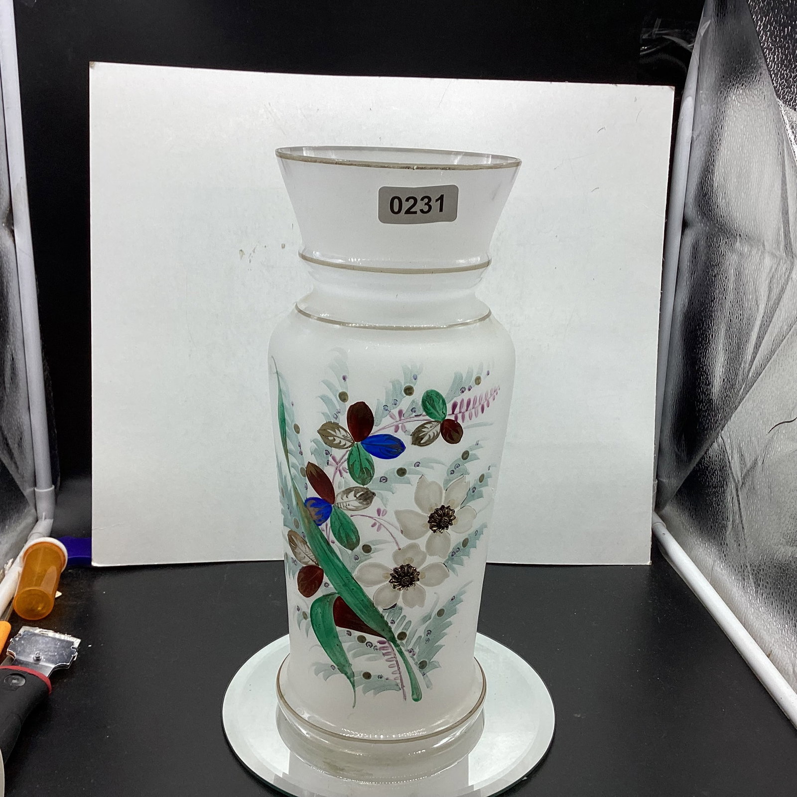 APALINE BRISTOL HAND PAINTED VASE: 12 3/4" TALL X 5" WIDE GOOD SHAPE