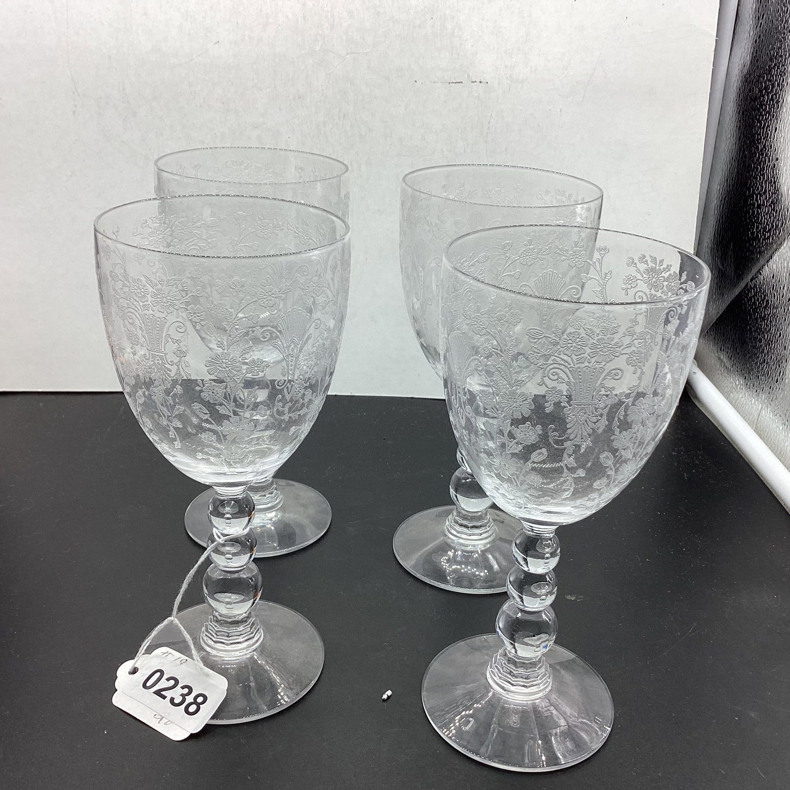 4 DUNCAN & MILLER FIRST LOVE WATER GOBLETS: 6 3/4" TALL GOOD SHAPE