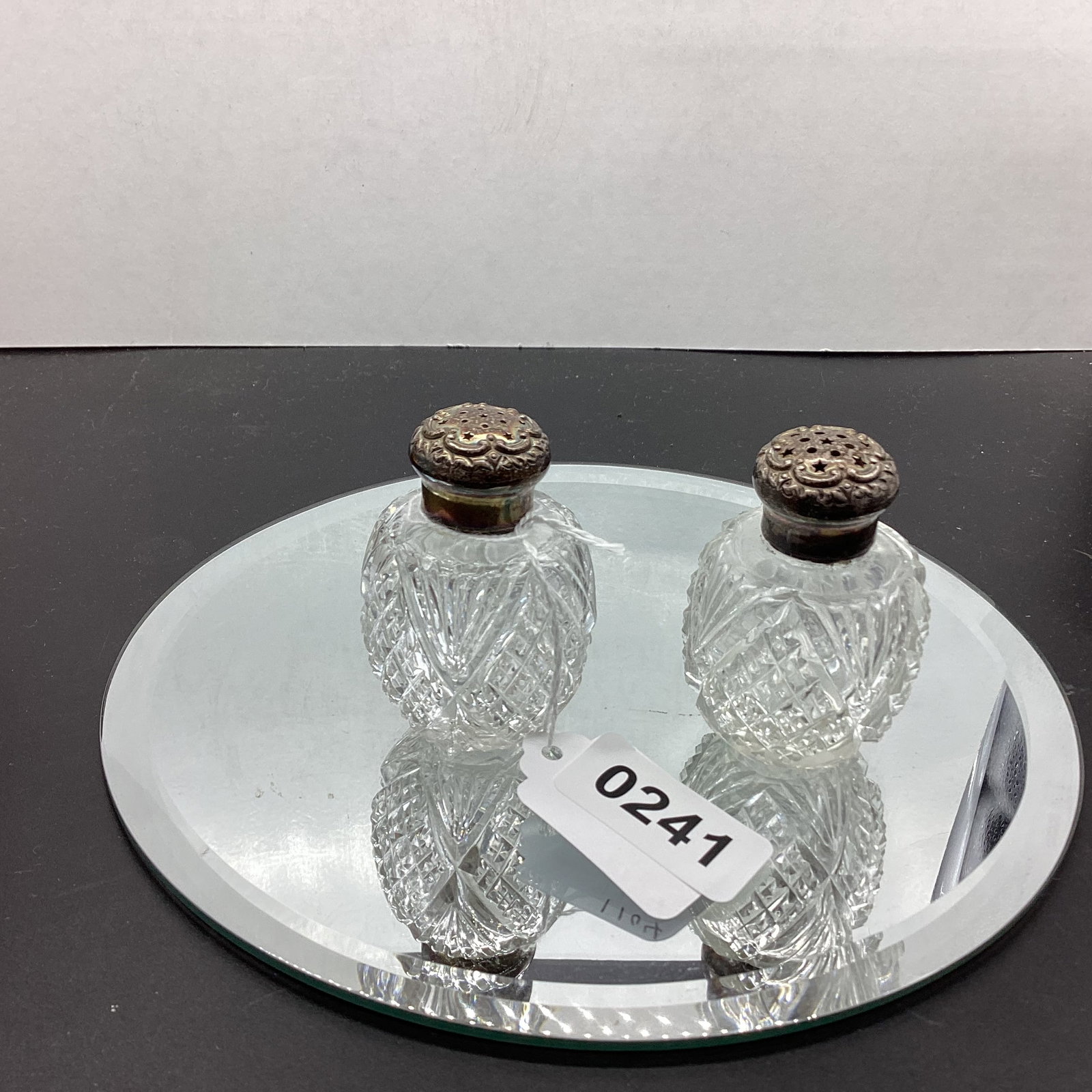 CUT GLASS SALT & PEPPER SET W/STERLING TOPS: 2 3/4" TALL GOOD SHAPE