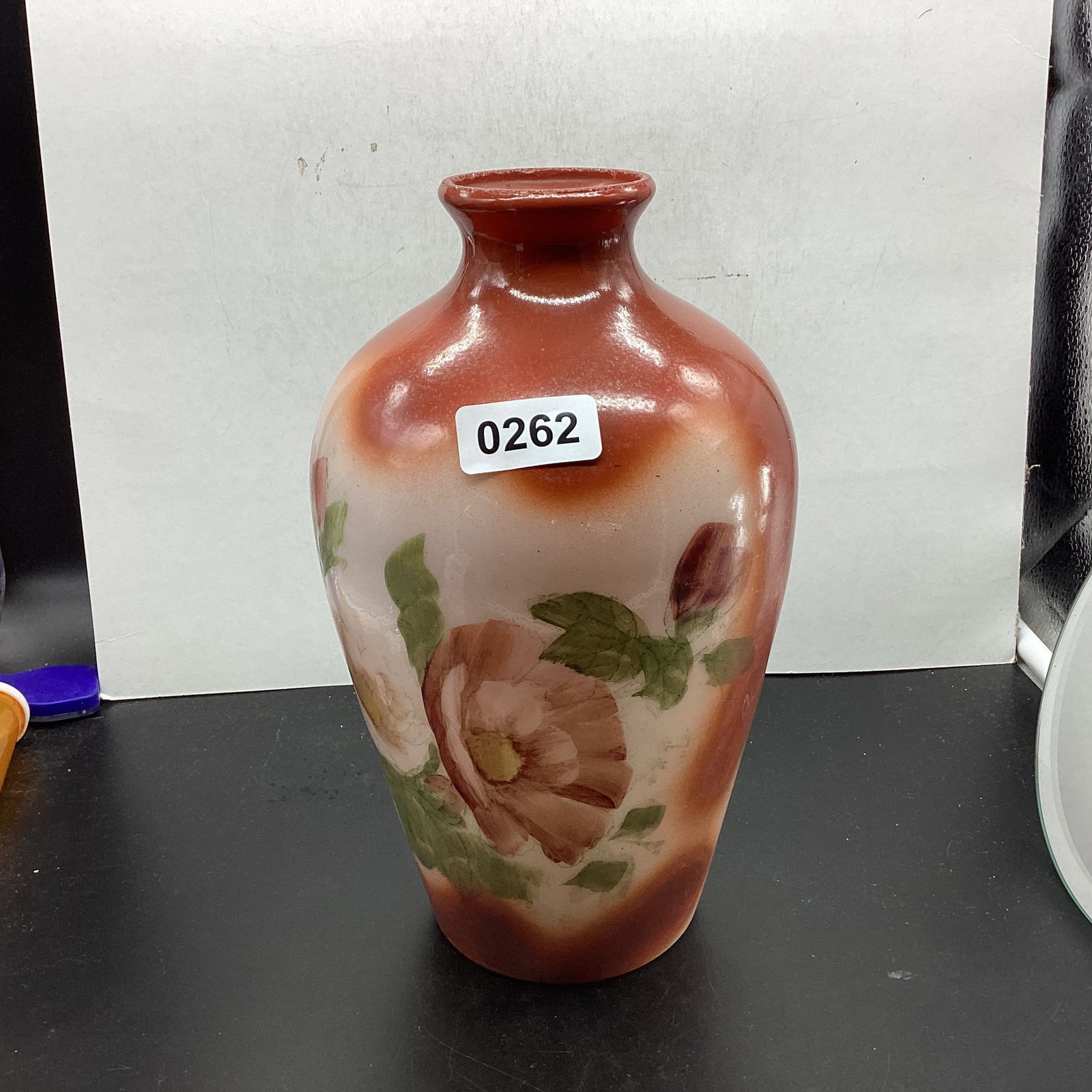 HAND PAINTED MILK GLASS VASE W/ROSE FLOWERS: 10 1/4" TALL GOOD SHAPE