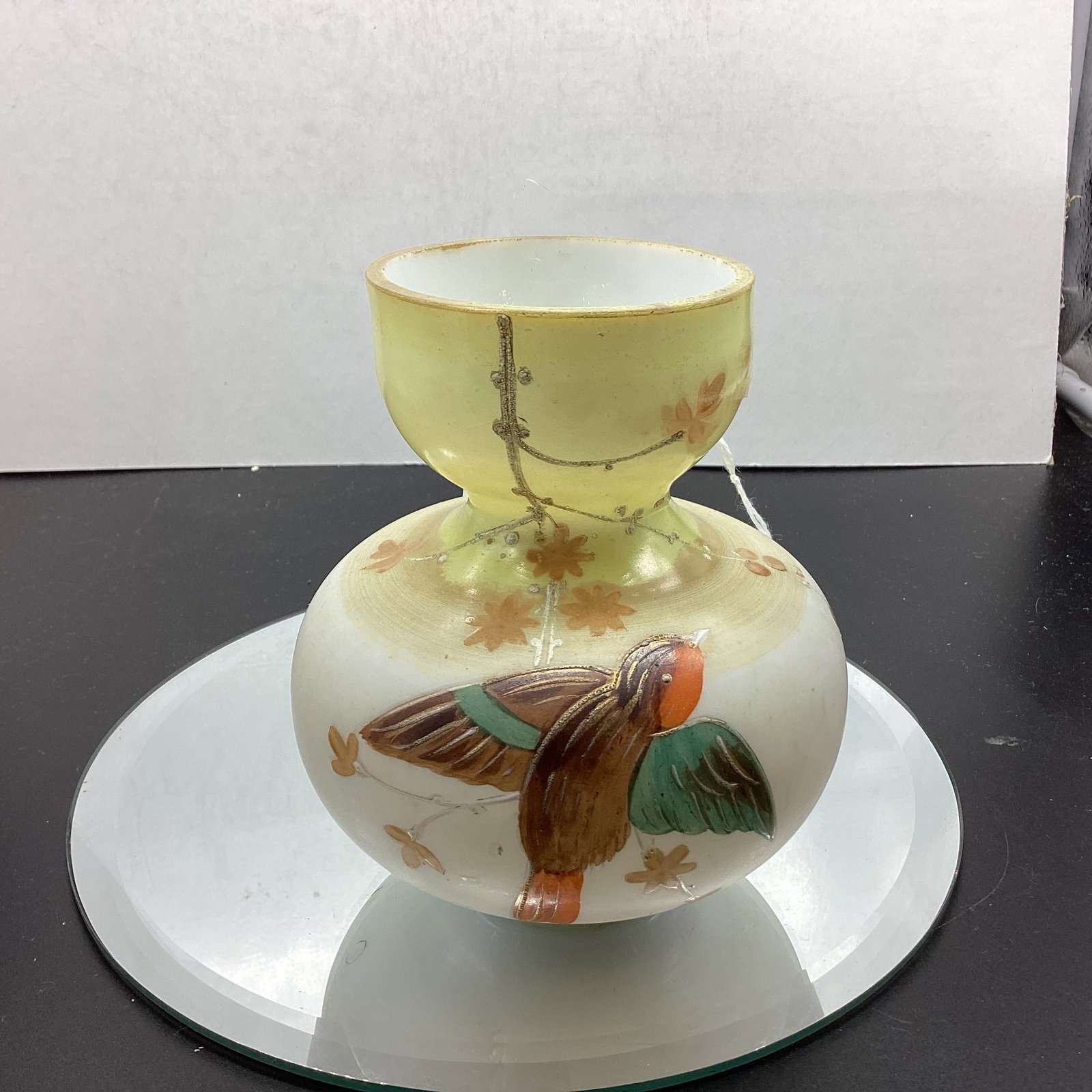 VICTORIAN HAND PAINTED ENAMEL BIRD VASE: 5 X 4 1 /2 GOOD SHAPE