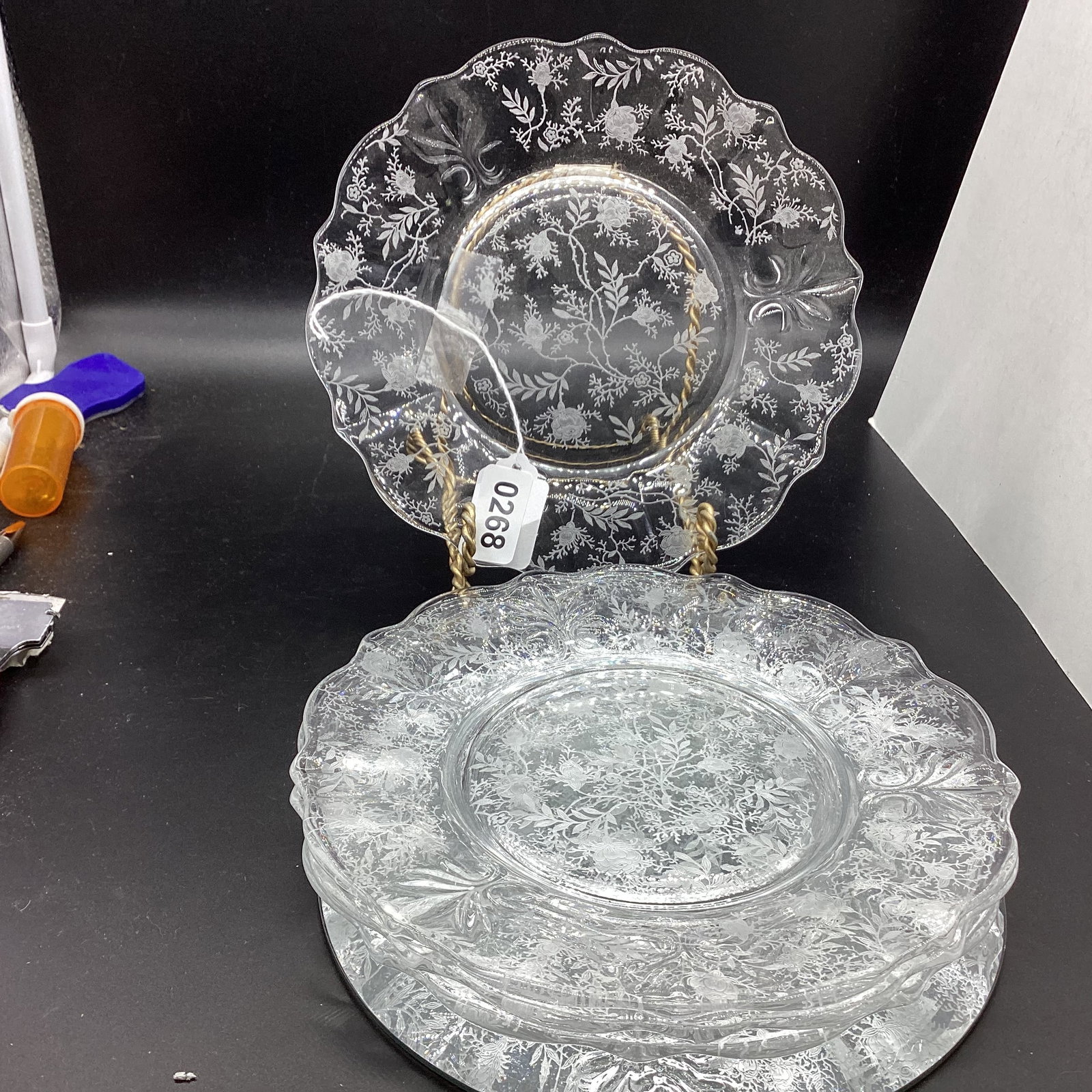 4 FOSTORIA CHINTZ LUNCHEON PLATES: 8 1/4" WIDE GOOD SHAPE