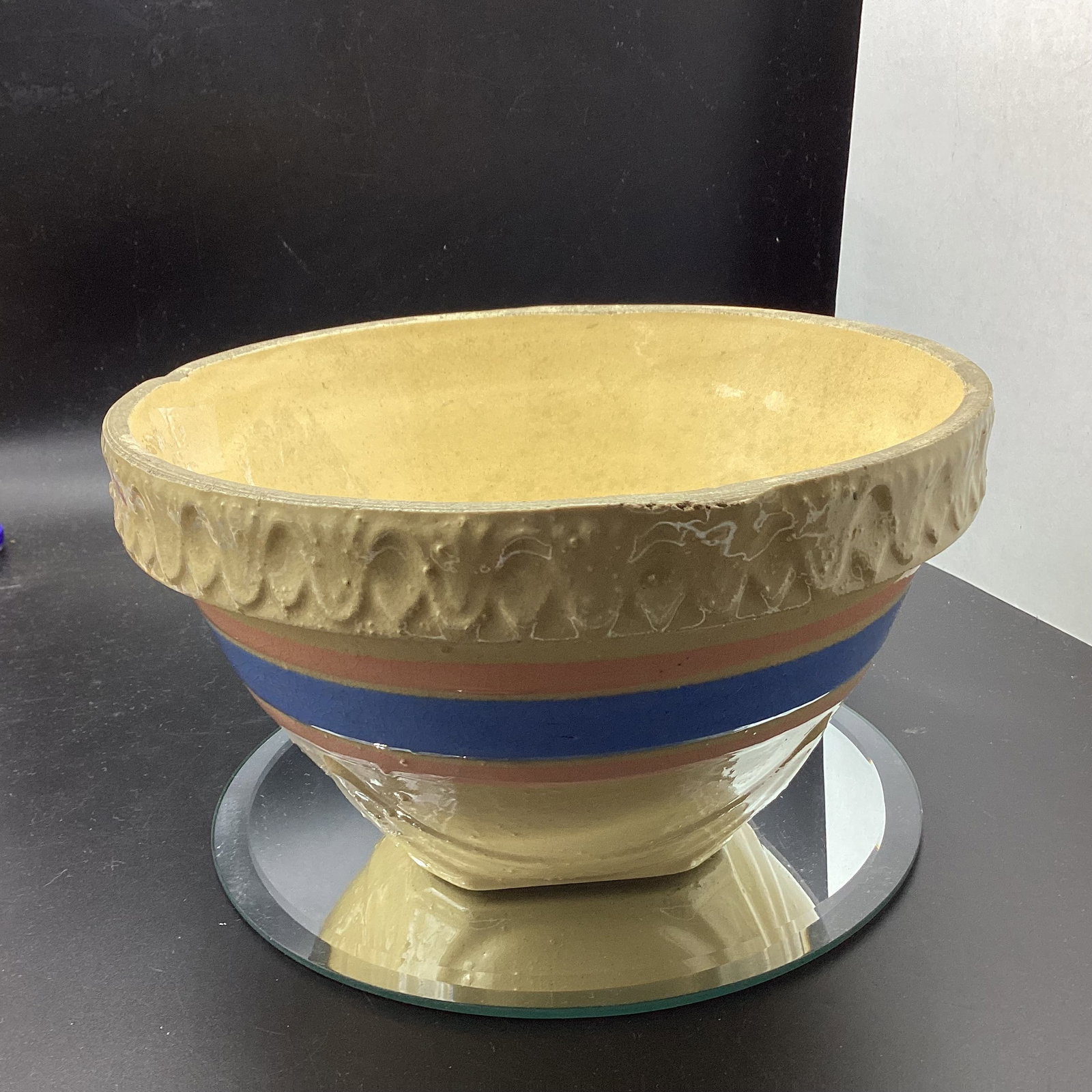 NELSON MCCOY PINIK & BLUE RIM SQUARE BASE MIXING BOWL: 8 1/2" WIDE GOOD SHAPE