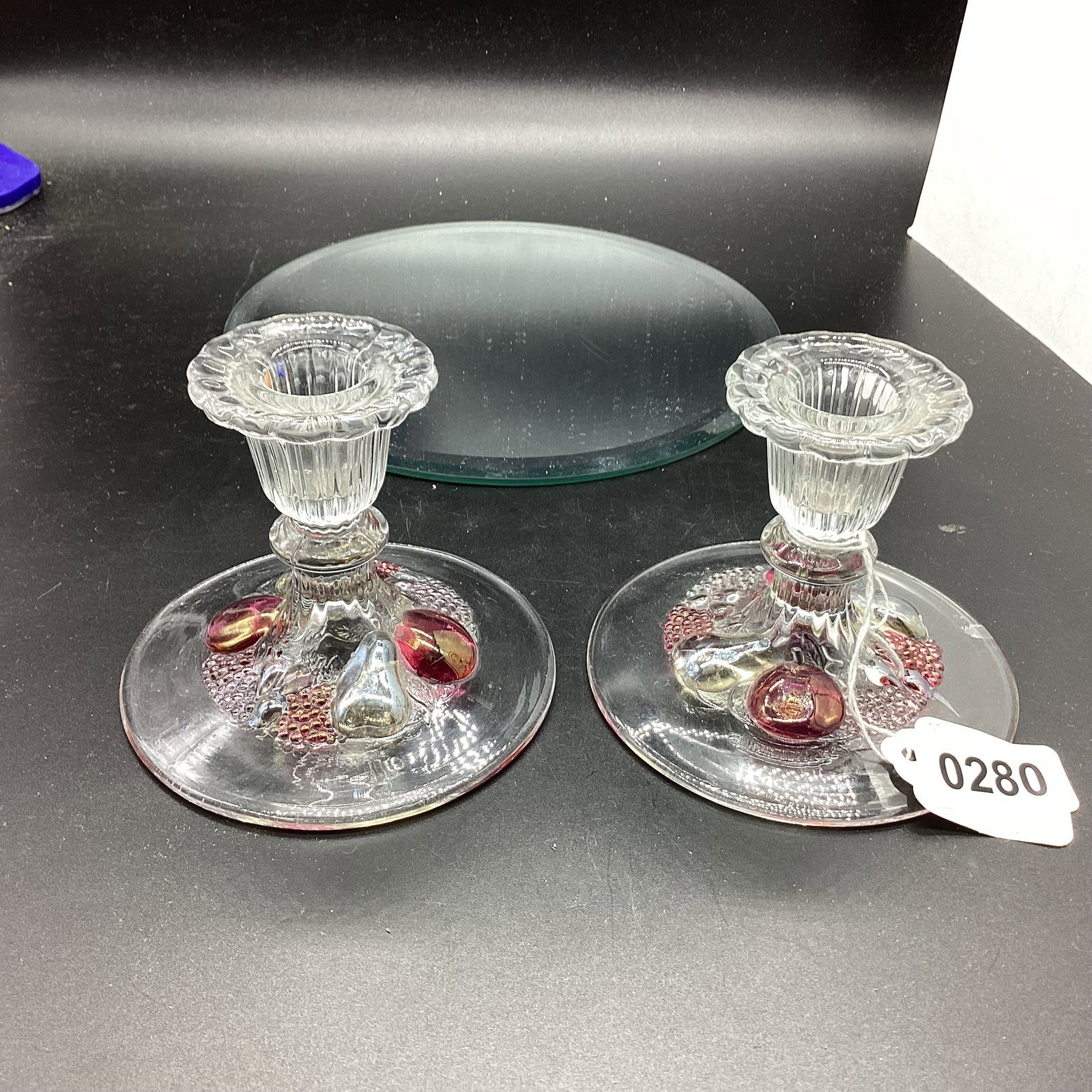 PAIR DEPRESSION DELLA ROBIA CANDLE HOLDERS: 3 1/2" TALL GOOD SHAPE