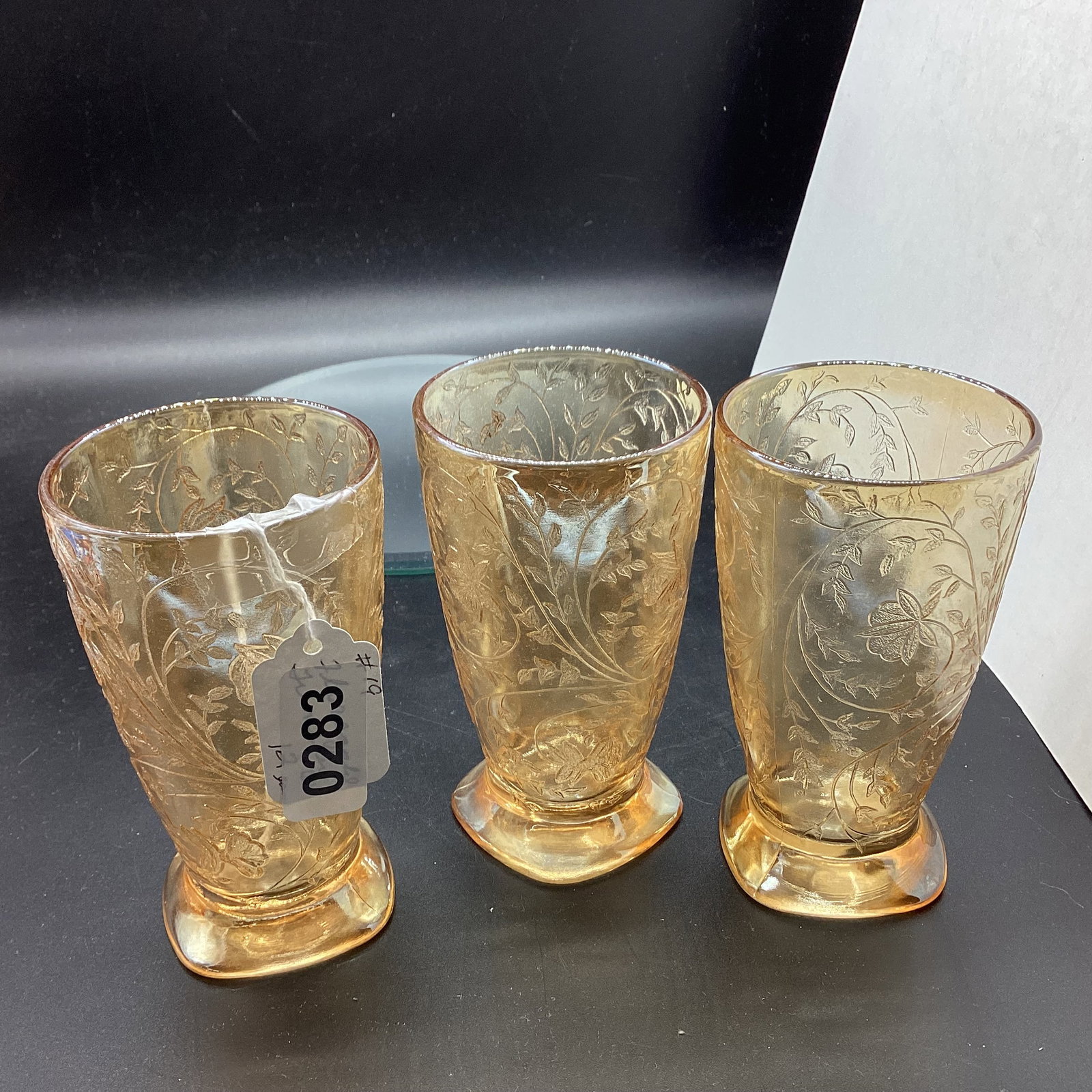 3 DEPRESSION FLORAGOLD TUMBLERS: 5" TALL GOOD SHAPE