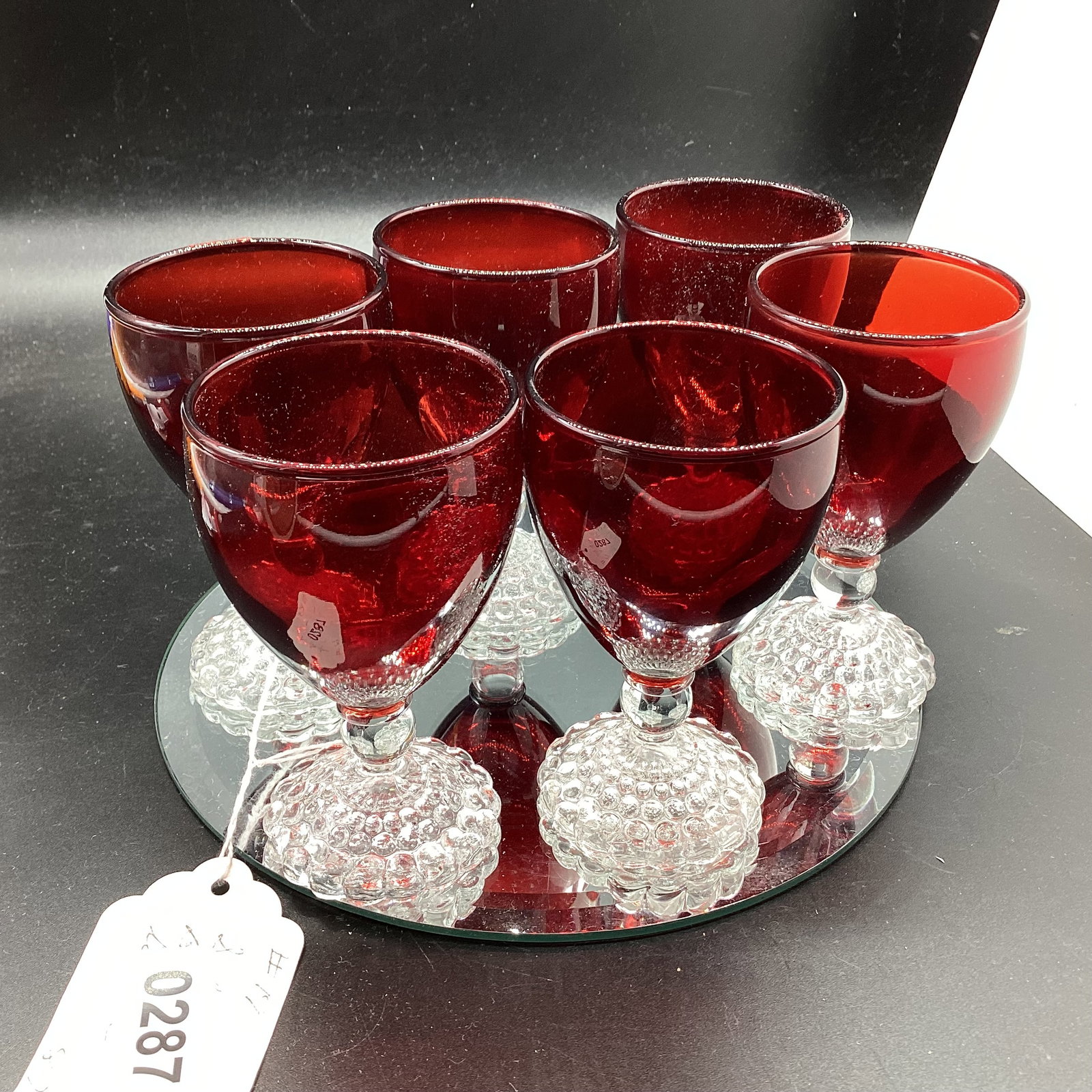 6 RUBY RED JUICE GLASSES W/BOOPIE FEET : 4 1/4" TALL GOOD SHAPE