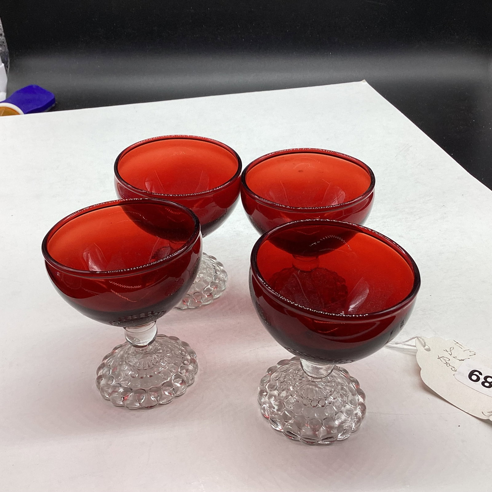 4 RUBY RED COCKTAILS W/BOOPIE FEET: 3 1/4" TALL GOOD SHAPE