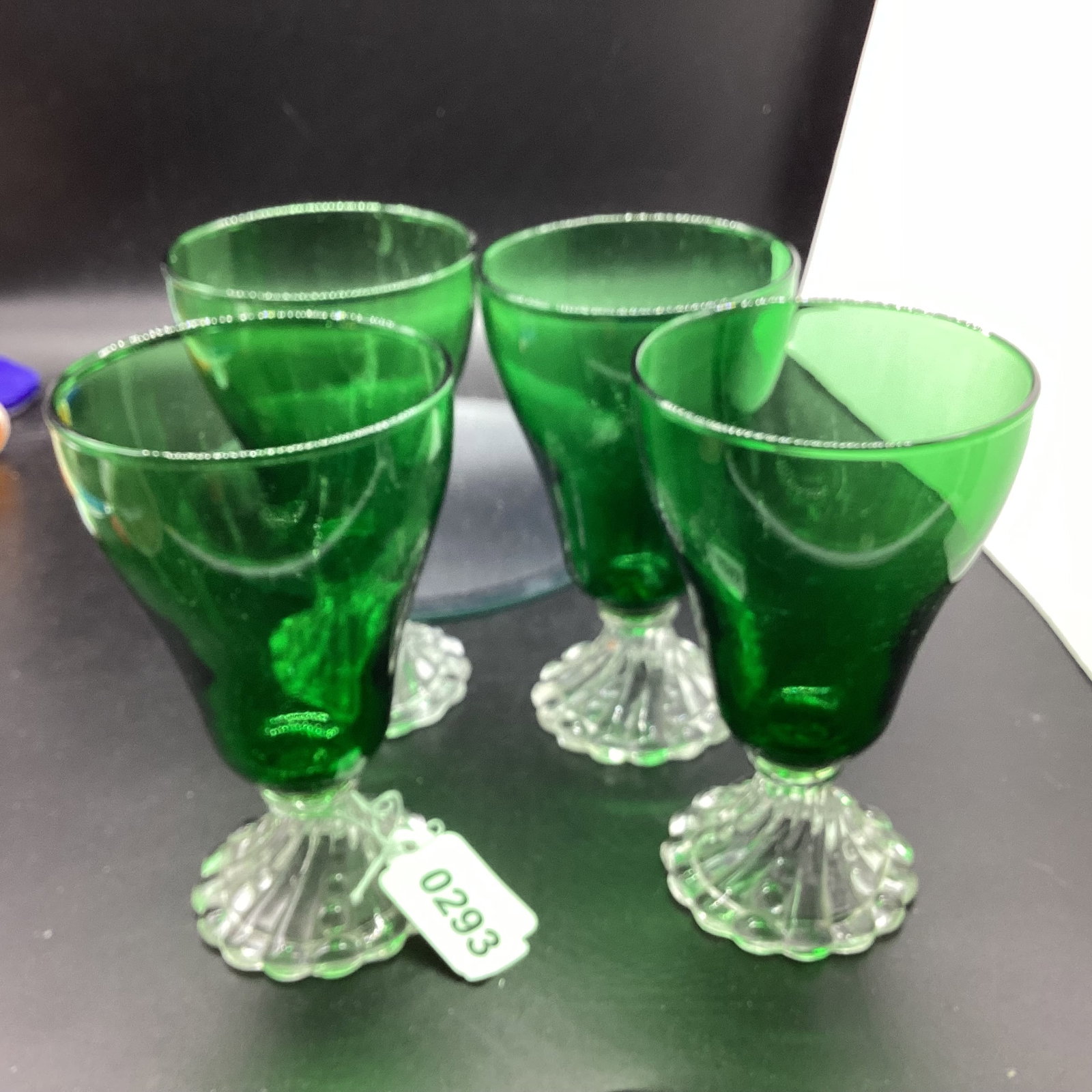 4 DEPRESSION GREEN TUMBLERS W/BURPLE FEET: 5 3/4 TALL GOOD SHAPE