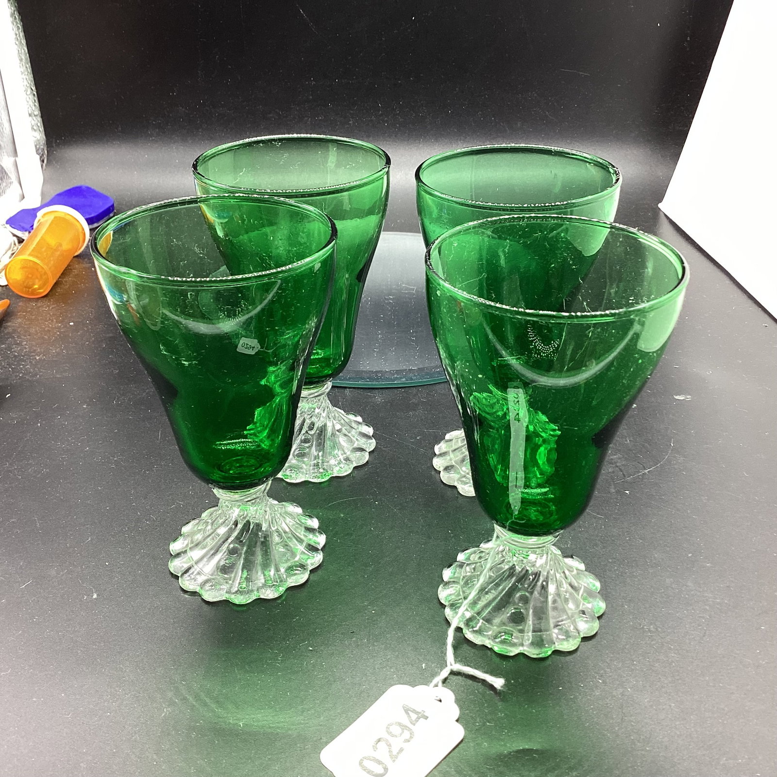 4 DEPRESSION GREEN JUICE GLASSES W/BURPLE FEET: 5" TALL GOOD SHAPE