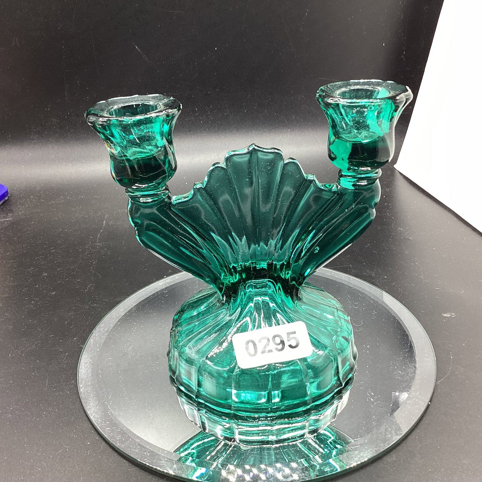 DEPRESSION ULTRA MARINE SWIRL CANDLE HOLDER: HAS CHIP ON TOP 5 3/4 X 6 GOOD SHAPE
