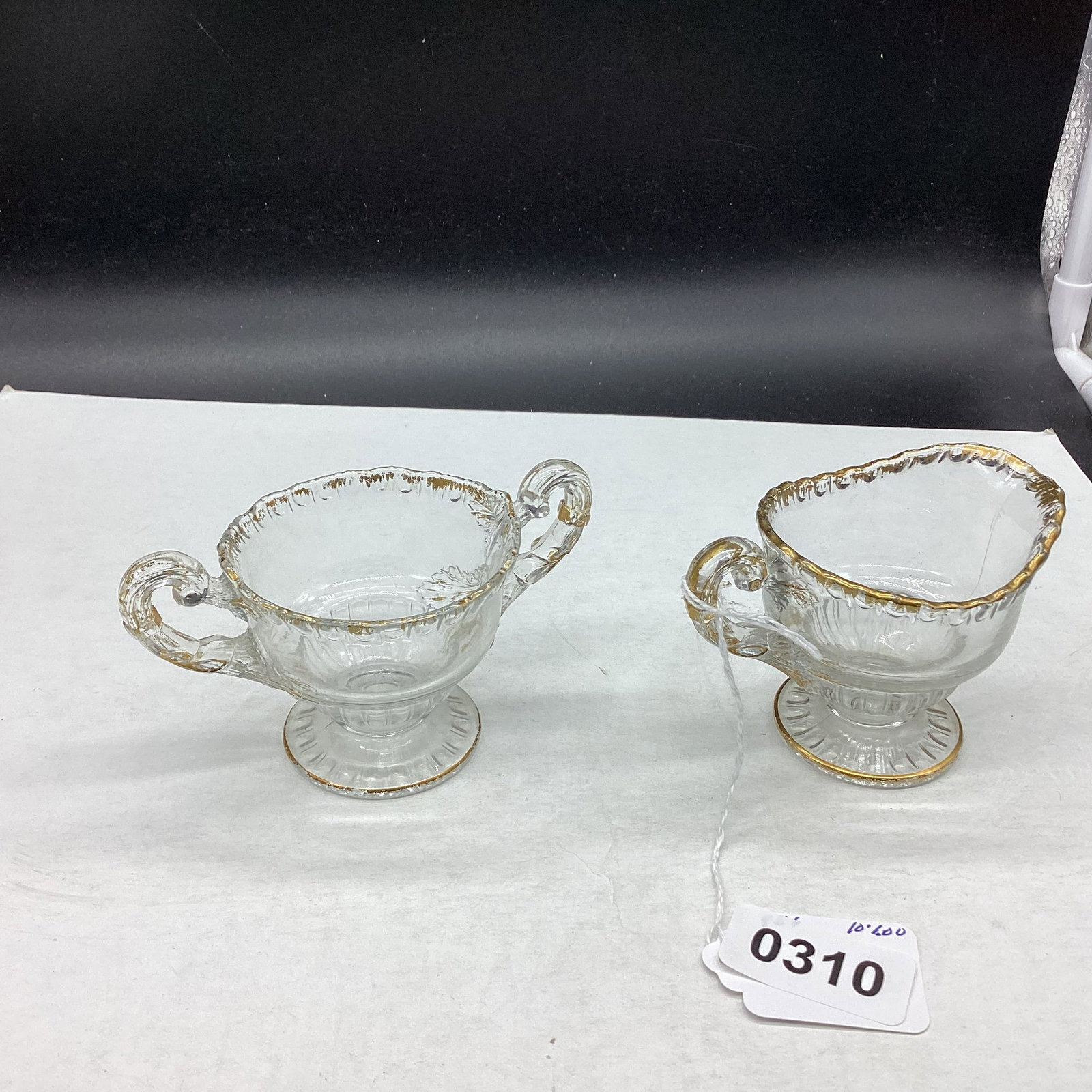 GADROON PATTERN CLEAR W/GOLD TRIM SUGAR & CREMER: GOOD SHAPE