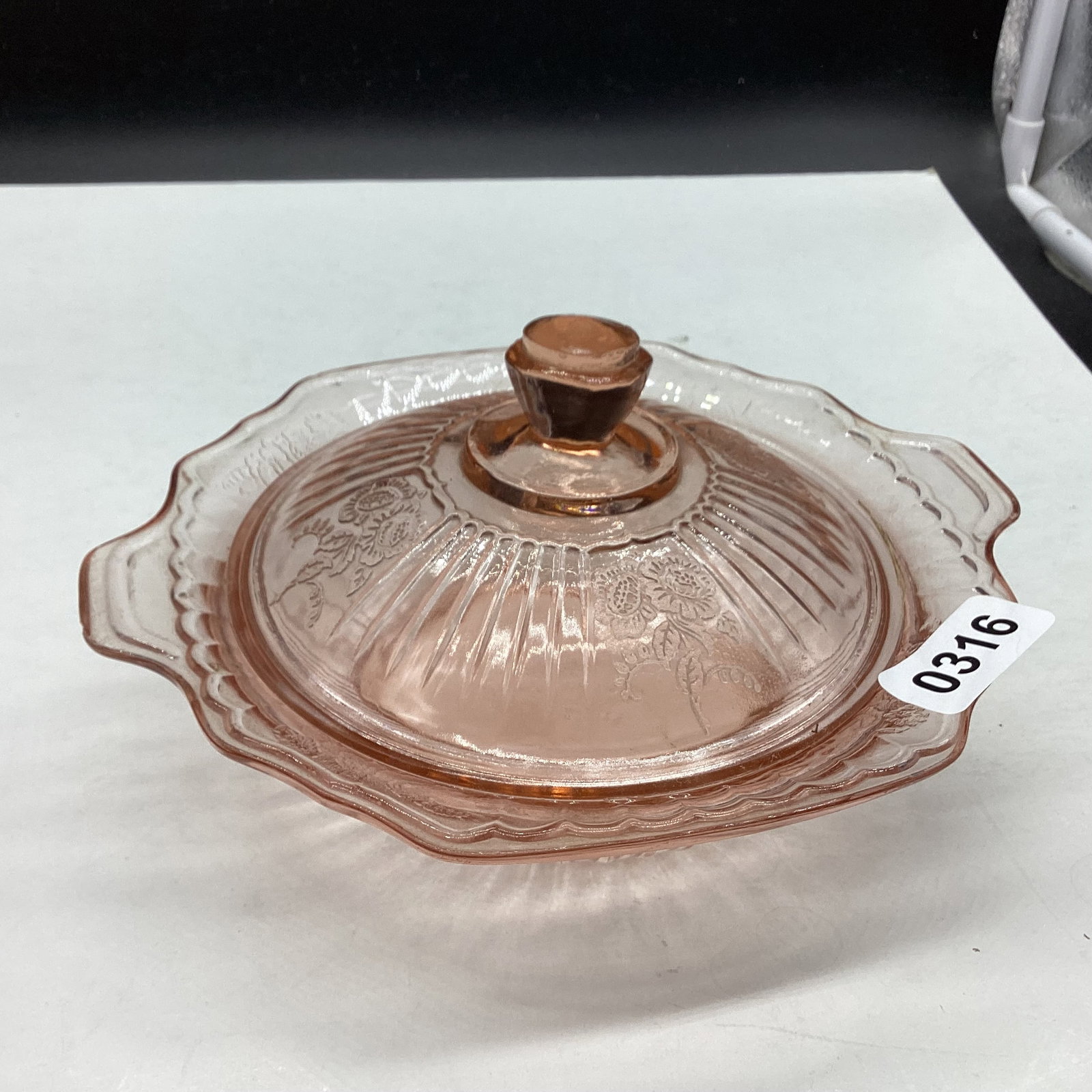 DEPRESSION MAYFAIR OR OPEN ROSE BUTTER DISH : RUFFNESS ON HANDLES OTHERWISE GOOD