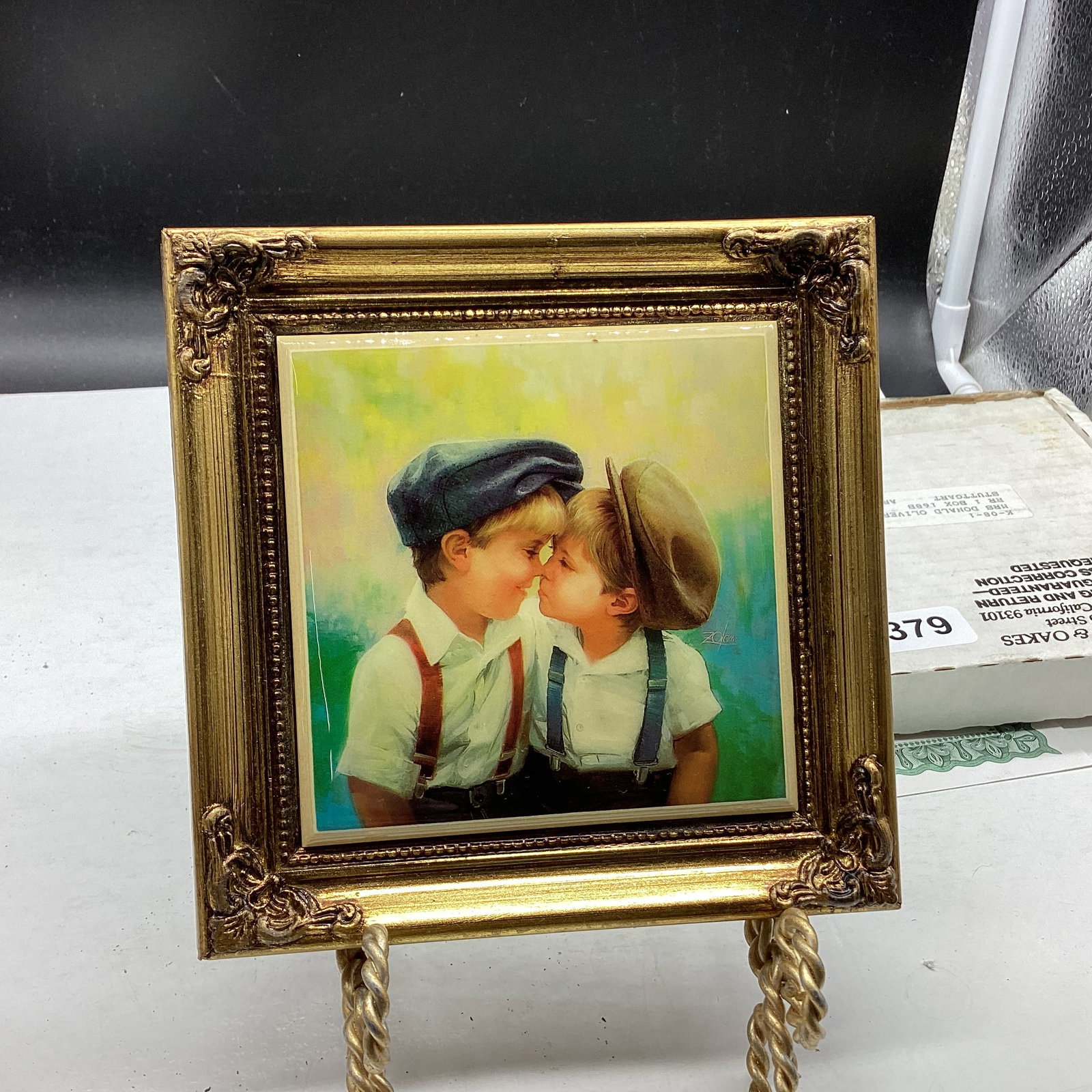 1992 TWO OF A KIND HAND PAINTED TILE IN FRAME: 6 X 6 GOOD SHAPE