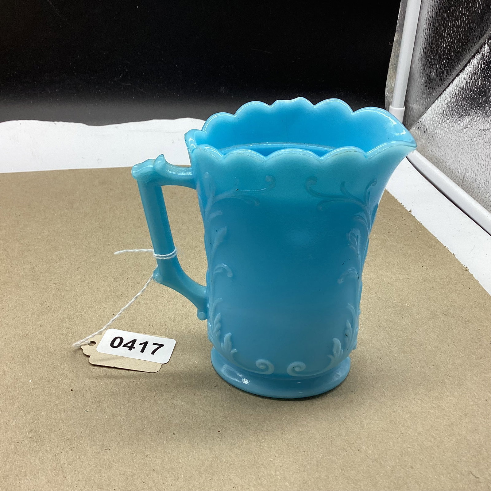 BLUE MILK GLASS WESTMORLAND CREAM PITCHER: 5" TALL GOOD SHAPE