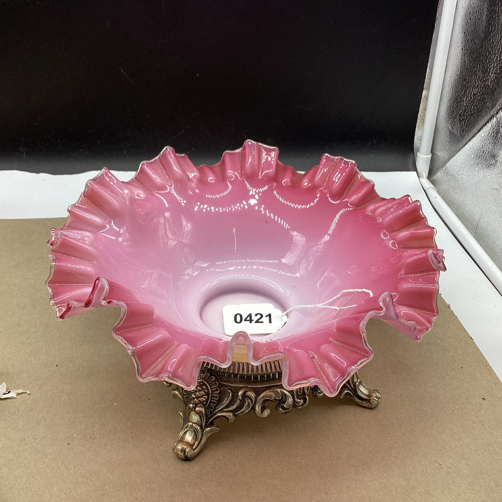VICTORIAN ART GLASS BRIDES CASED GLASS W/SILVERPLATED STAND: 4 3/4 X 10 GOOD SHAPE