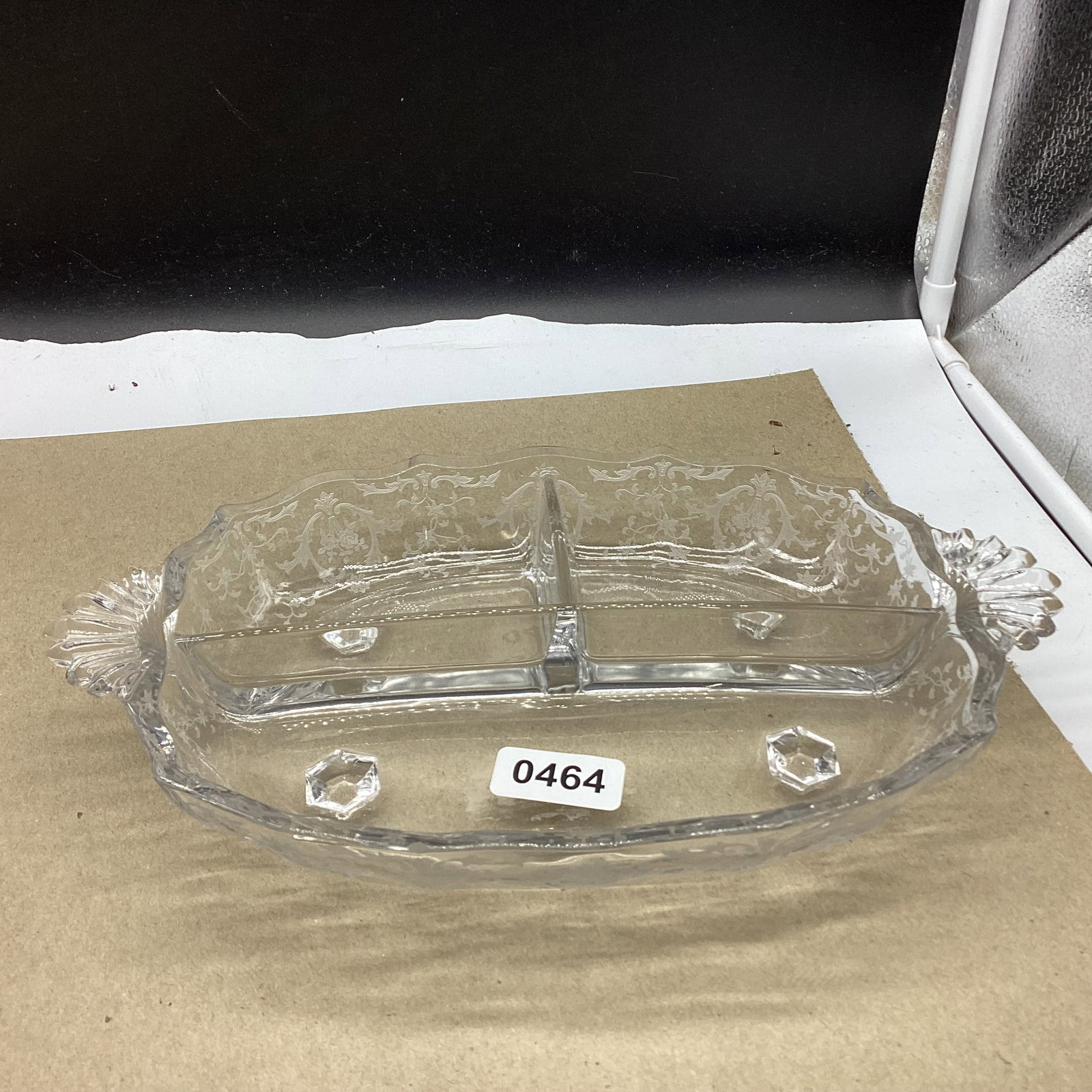 FOSTORIA NAVARE DIVIDED RELISH DISH: 7 1/2 X 10 GOOD SHAPE