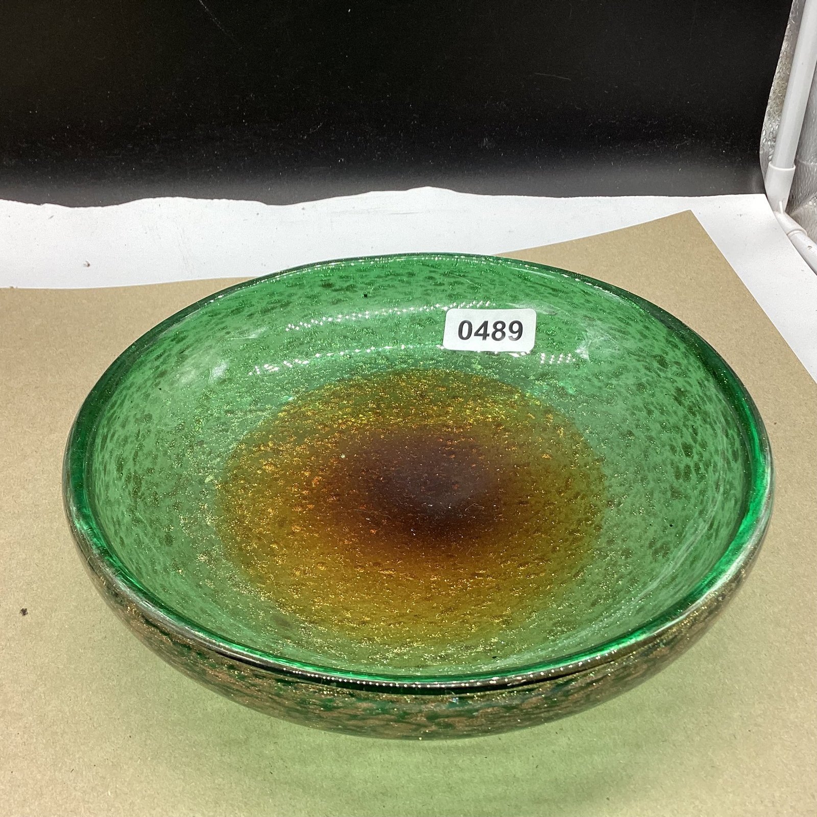 ART GLASS ITALY MURANO STYLE W/GOLD FLAKLES BOWL: 2 1/2 T X 9 W GOOD SHAPE
