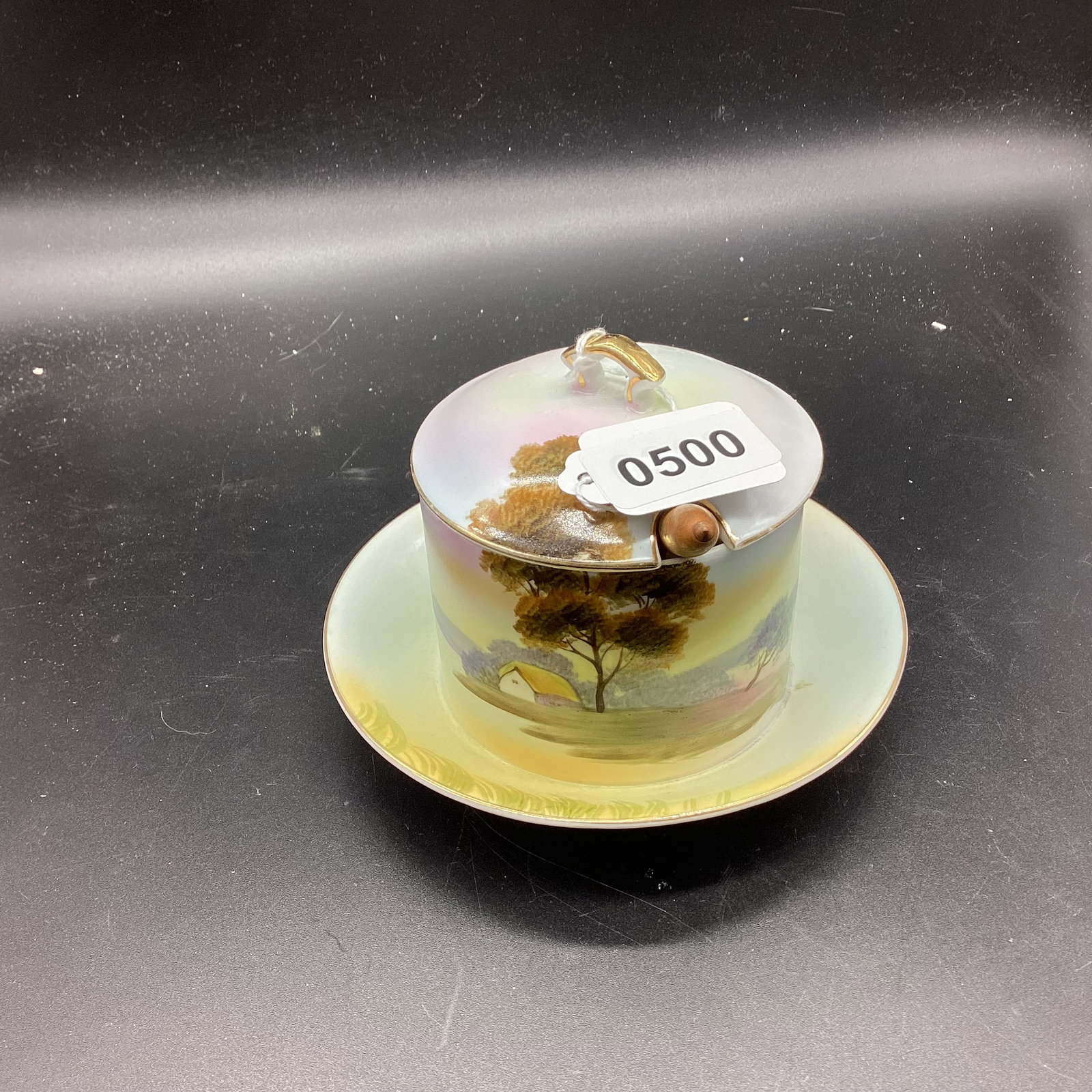 HAND PAINTED NIPPON SAUCE BOWL W/SPOON: 4 1/4" T X 5" W GOOD SHAPE