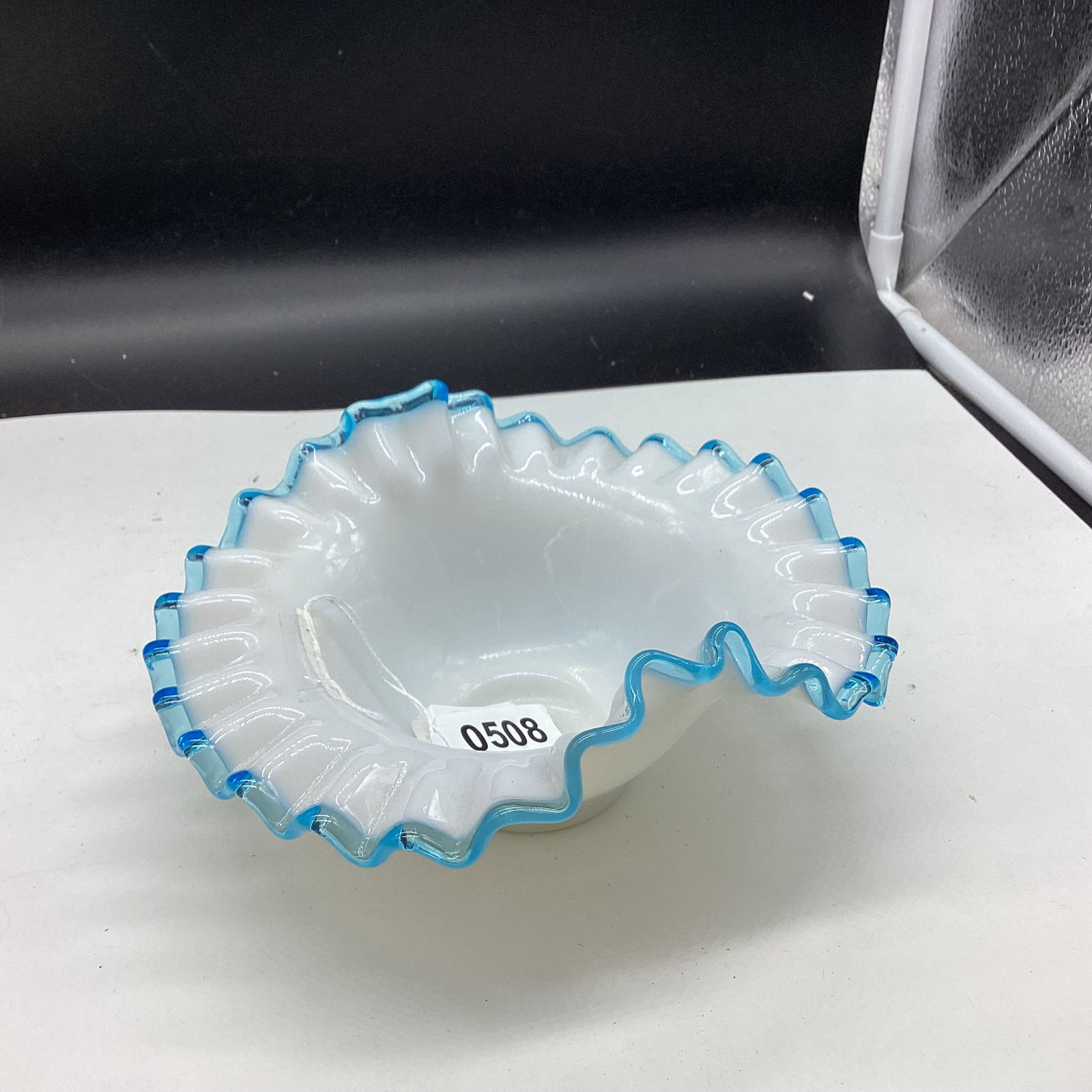 FENTON AQUA CREST BOWL: 3" T X 7 1/4 WIDE GOOD SHAPE