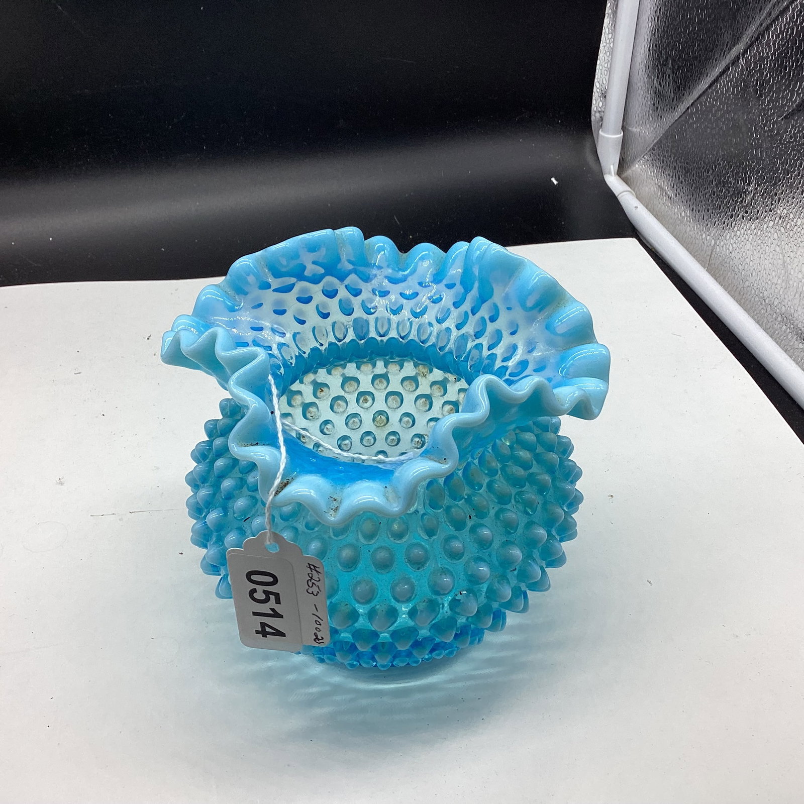 FENTON BLUE OPALESCENT HOBNAIL VASE: 8" TALL GOOD SHAPE