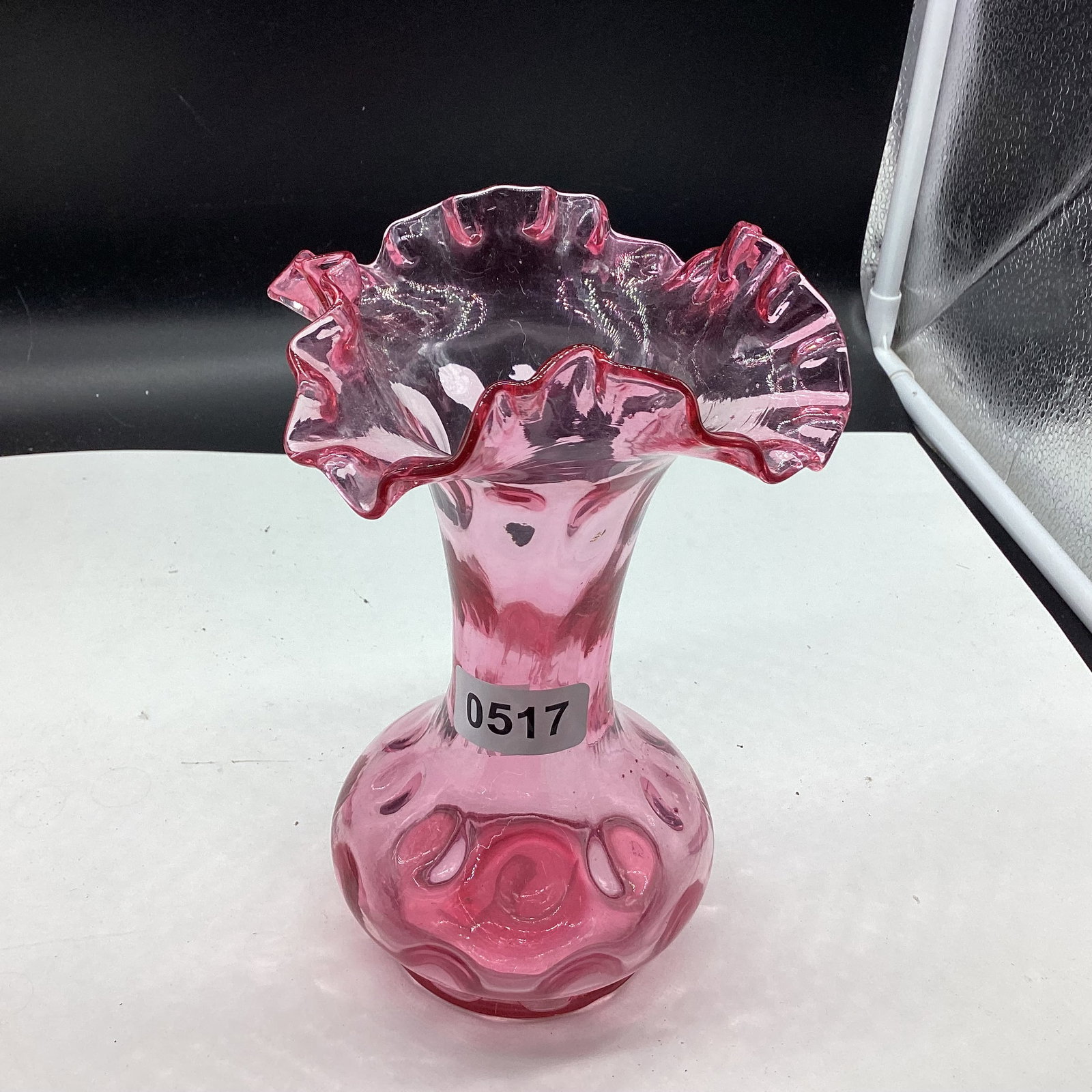 FENTON CREANBERRY RUFFLED TOP VASE (1 of 1)