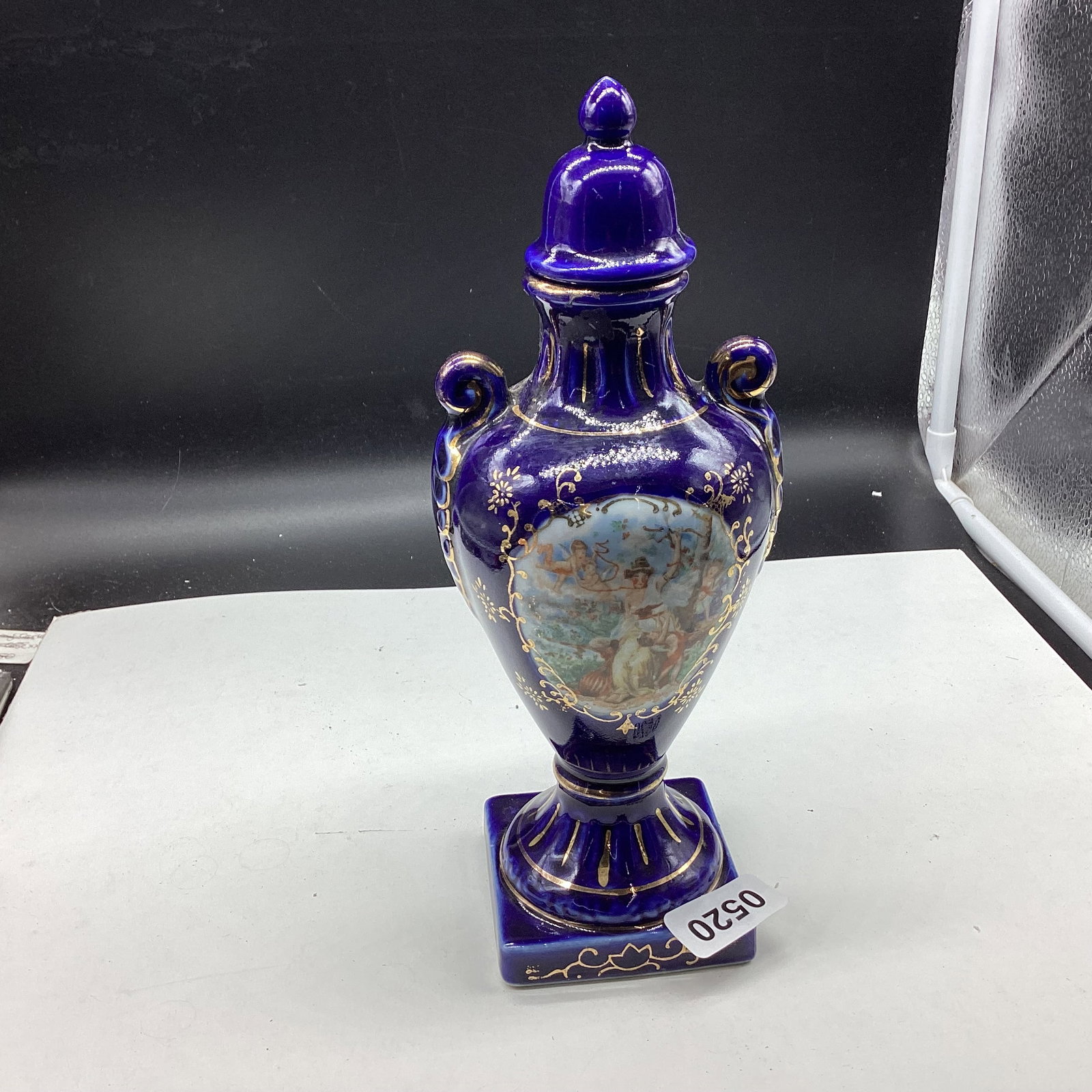 BLUE PORCELIAN HAND PAINTED ENAMEL COVERED JAR W/LID: 10" TALL GOOD SHAPE