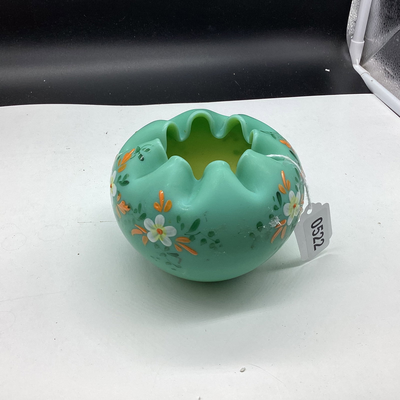 HAND BLOWN ROSE BOWL W/ENAMEL FLOWERS: 3 1/4 X 4 1/2 GOOD SHAPE