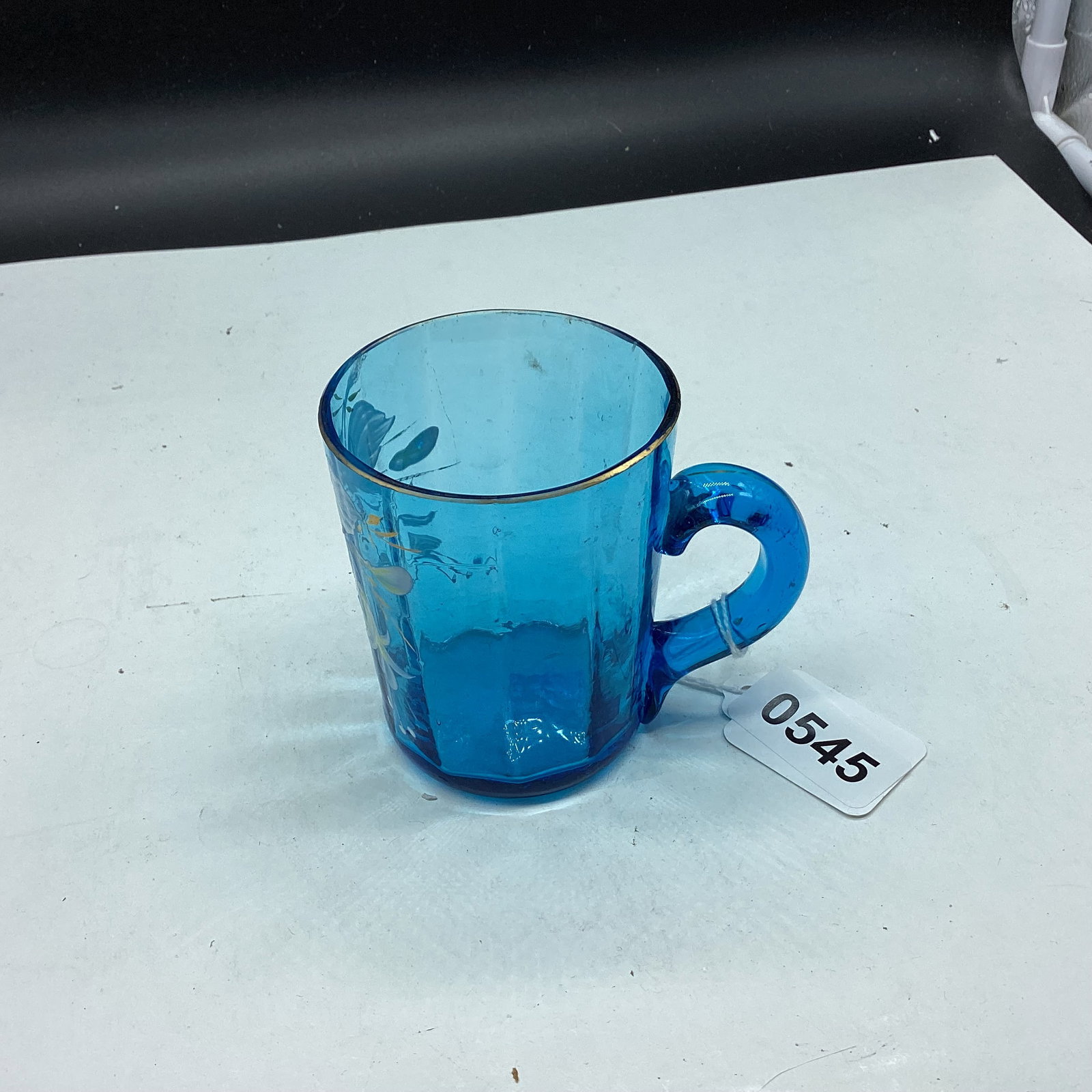 VICTORIAN BLUE HAND PAINTED EWNAMEL MUG: 3 1/4" TALL GOOD SHAPE