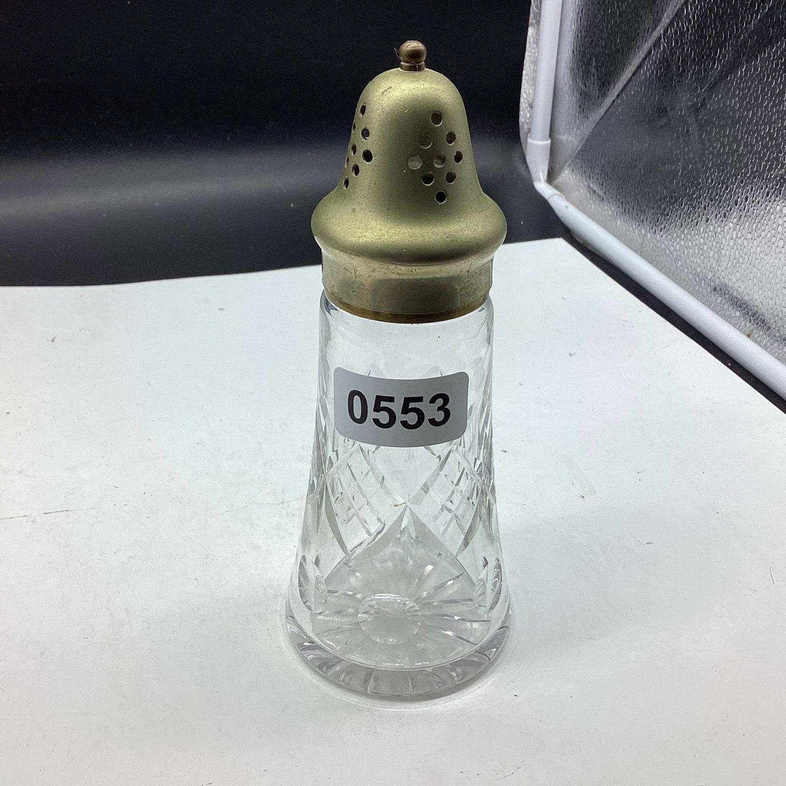 VINTAGE BRILLIANT CUT GLASS SUGAR SHAKER W/SILVERPLATED LID: 7" TALL GOOD SHAPE