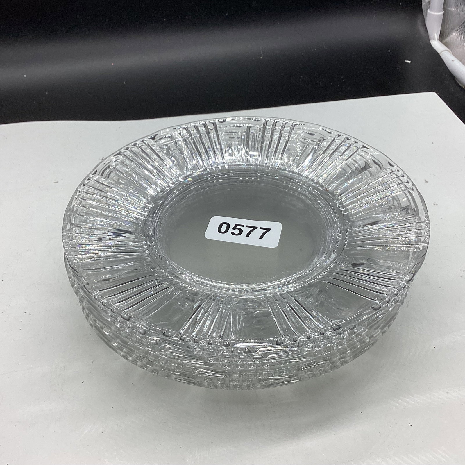 8 FOSTORIA SUN RAY PLATES: 7 1/4" W GOOD SHAPE
