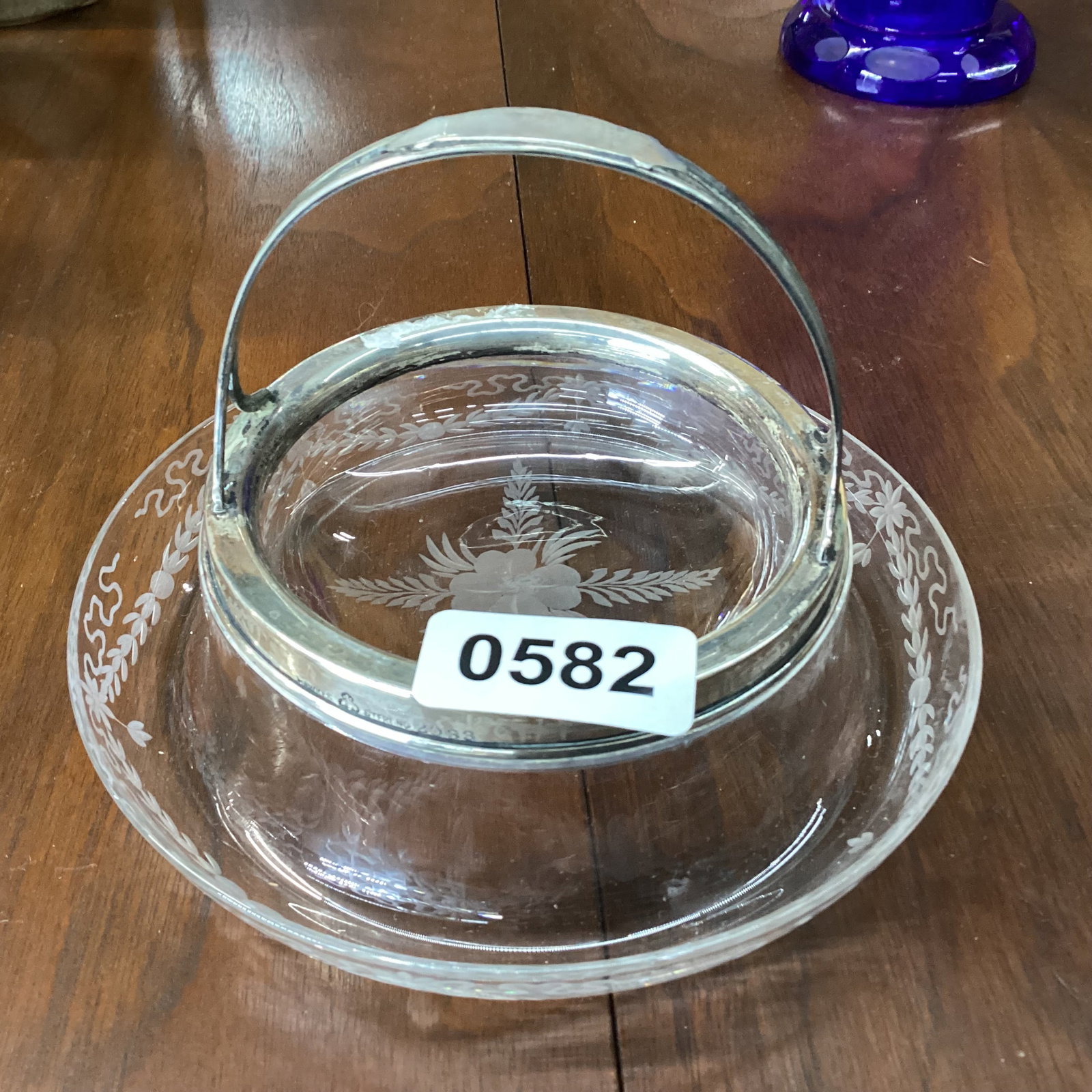 VINTAGE CUT GLASS NUT DISH W/STERLING RIM AND HANDLE SIGNED HAWKES: 3 1/2 X 6 GOOD SHAPE