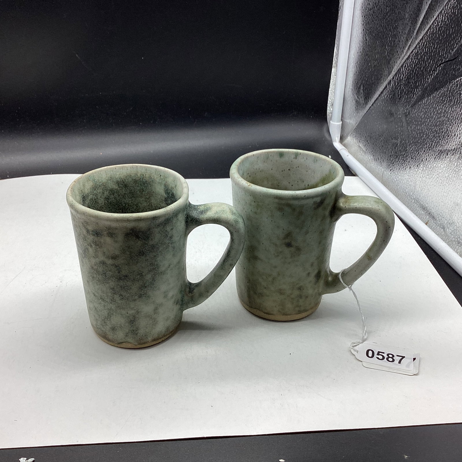 2 PETERS POTTERY JADE MUGS MADE IN MT BAYOU MS.: 4" TALL GOOD SHAPE
