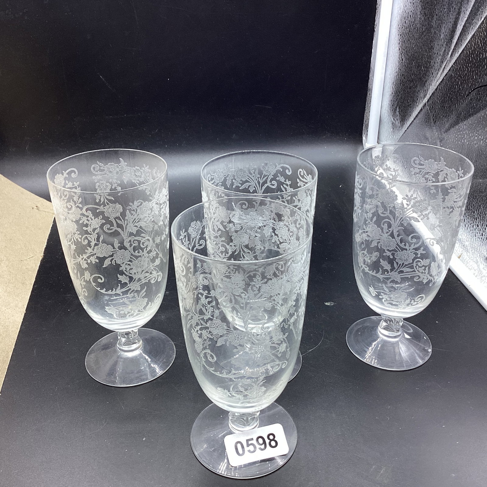 4 FOSTORIA BUTTERCUP PATTERN TEA GLASSES: 6" TALL GOOD SHAPE