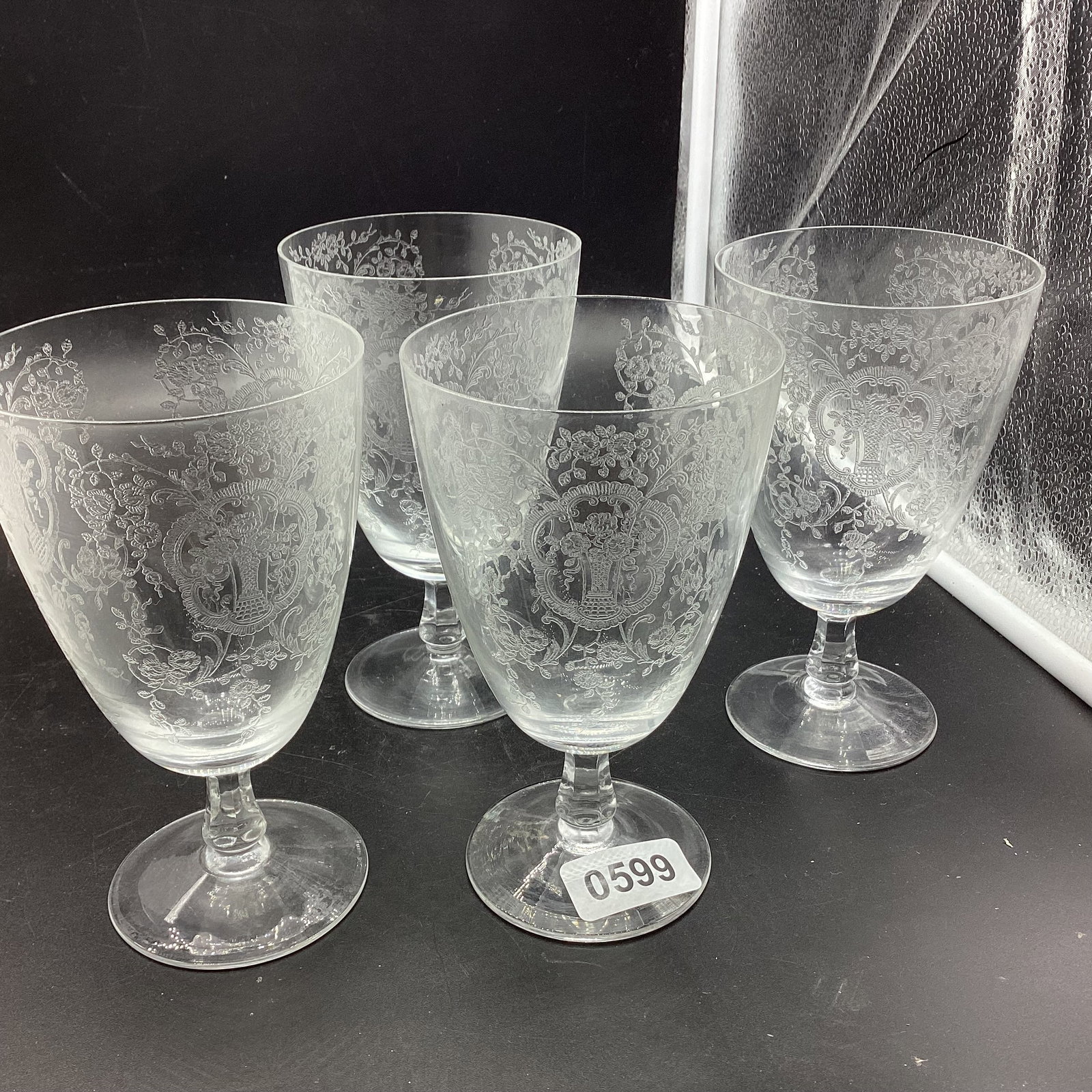 4 FOSTORIA BRIDAL BOUQUET PATTERN GLASSES: 6" TALL GOOD SHAPE