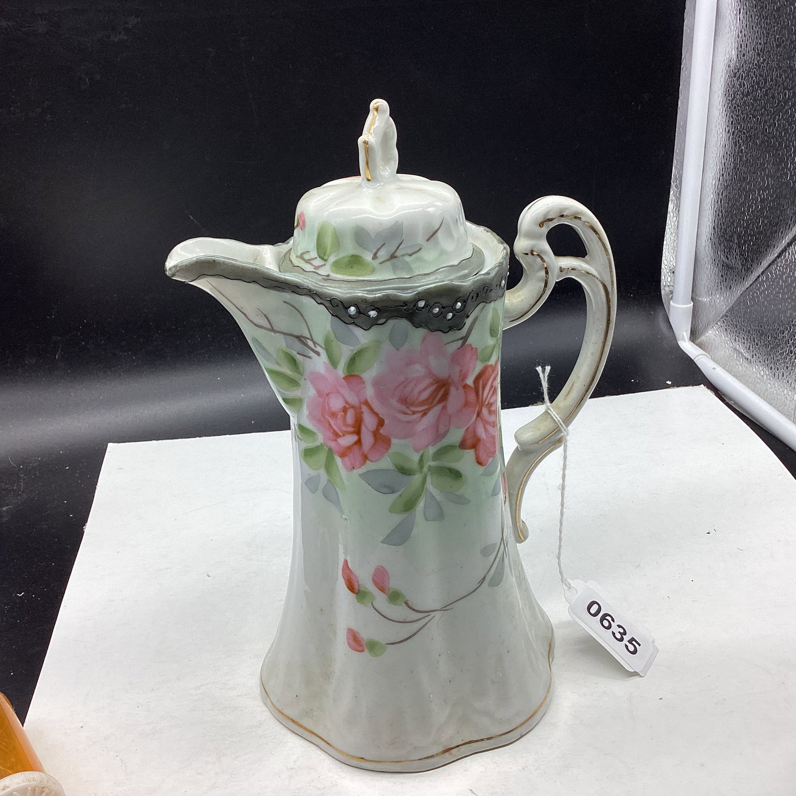 HAND PAINTED PORCELIAN CHOCOLATE POT: 9 1/2 TALL GOOD SHAPE