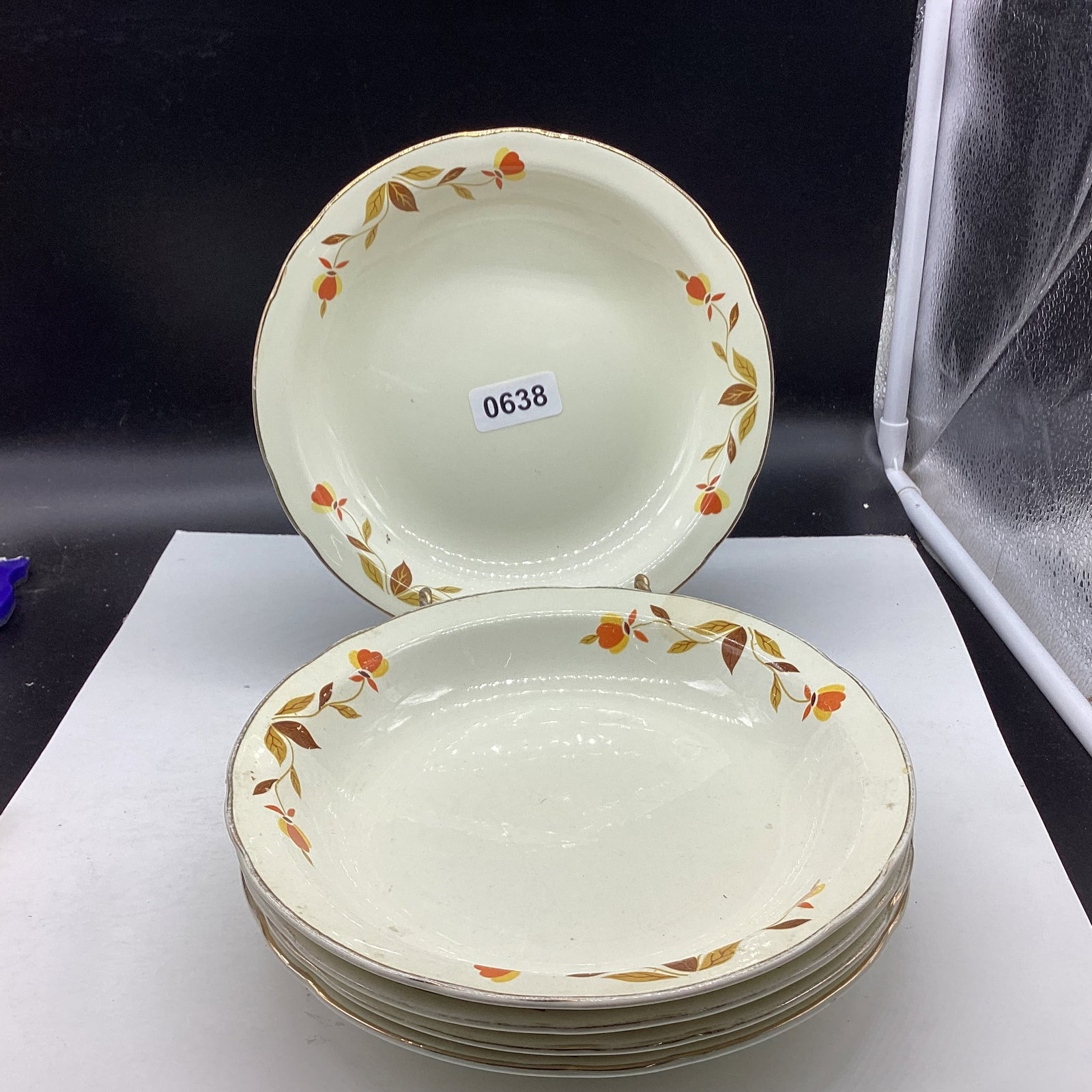 5 HALL JEWELL T AUTUM LEAF FLAT SOUP BOWLS: 8 1/4" WIDE GOOD SHAPE