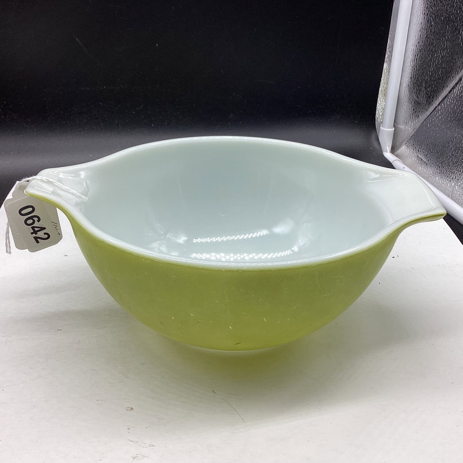 PYREX MIXING BOWL: 3 1/2 X 9 1/2 GOOD SHAPE
